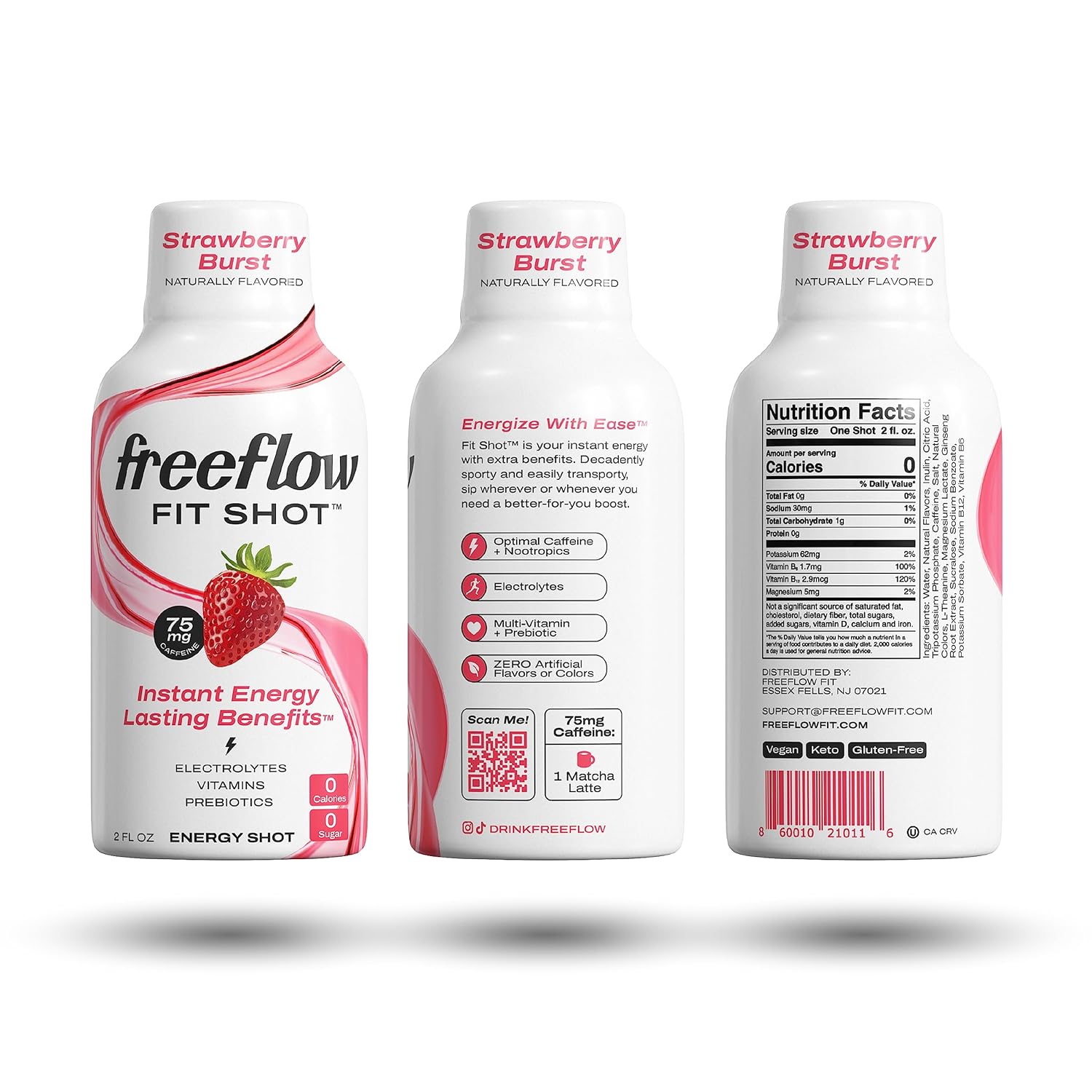 Strawberry Burst Freeflow Fit Energy Shots - Natural Caffeine Boost with L-theanine, Ginseng, Vitamins, Prebiotics, Electrolytes - 6 Count, 2oz Shots - BoostGo Australia