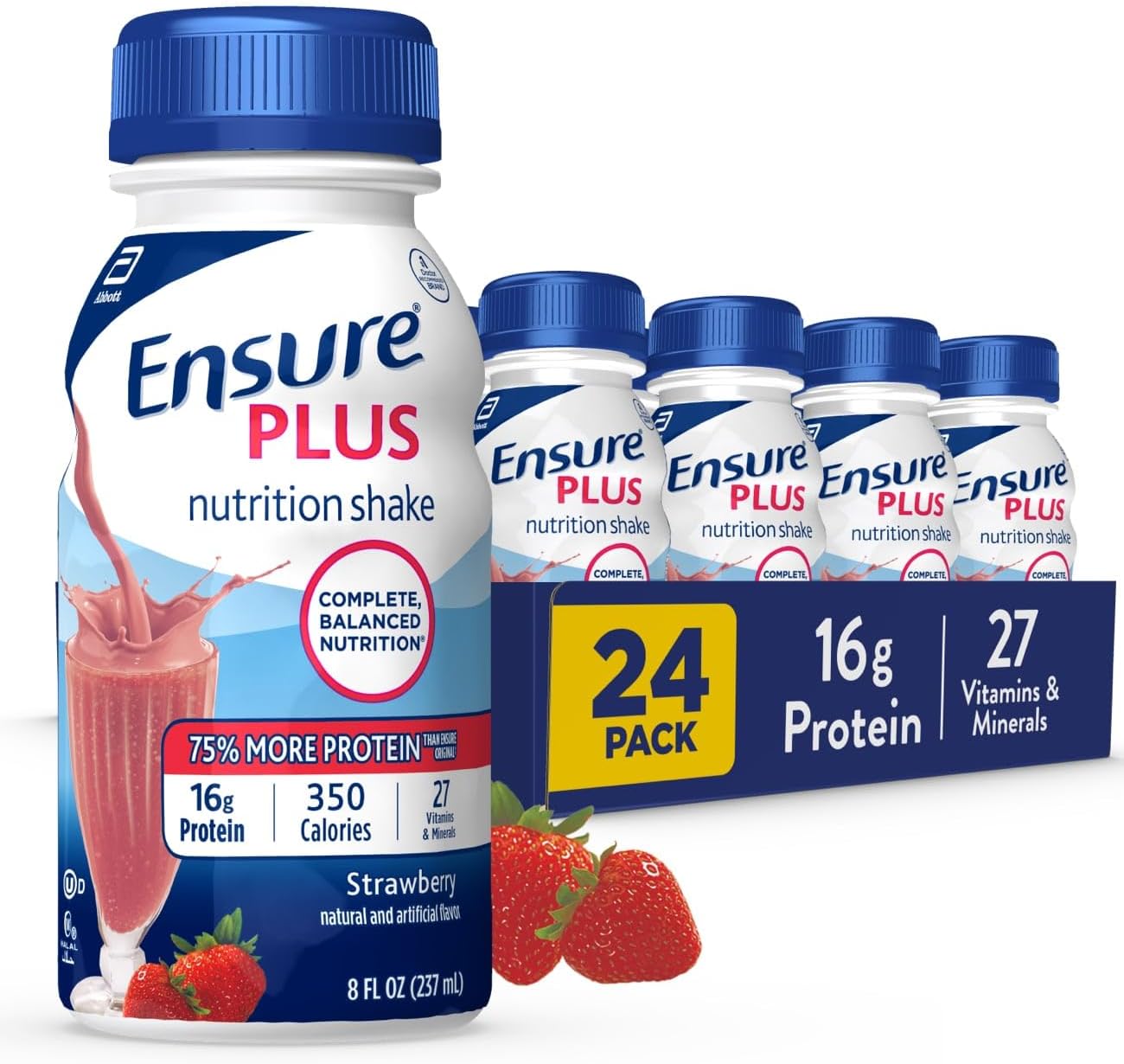 Strawberry Ensure Plus Nutrition Shake: Meal Replacement with Fiber, 16g Protein, 27 Vitamins & Minerals - 24 Pack