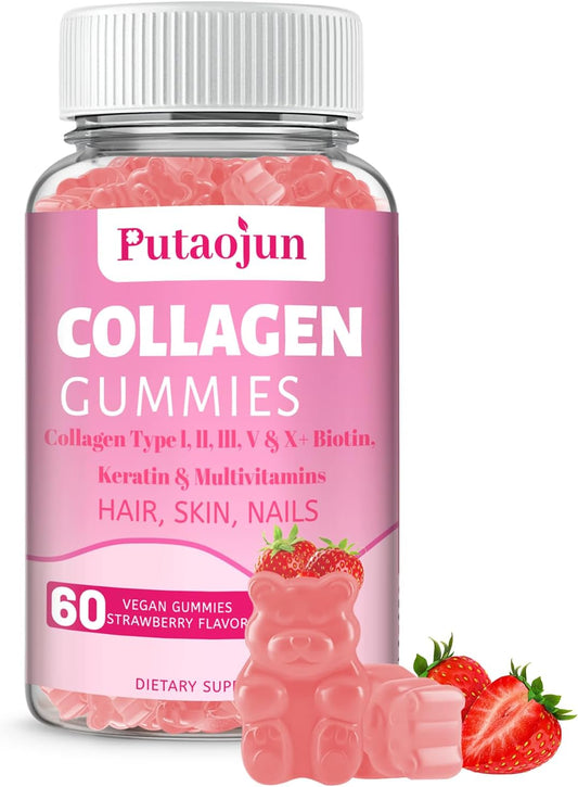 Strawberry Flavored Collagen Gummies for Hair, Skin & Nails - Women's Biotin & Collagen Supplement with Vitamin C, E, Zinc - 60 Gummies