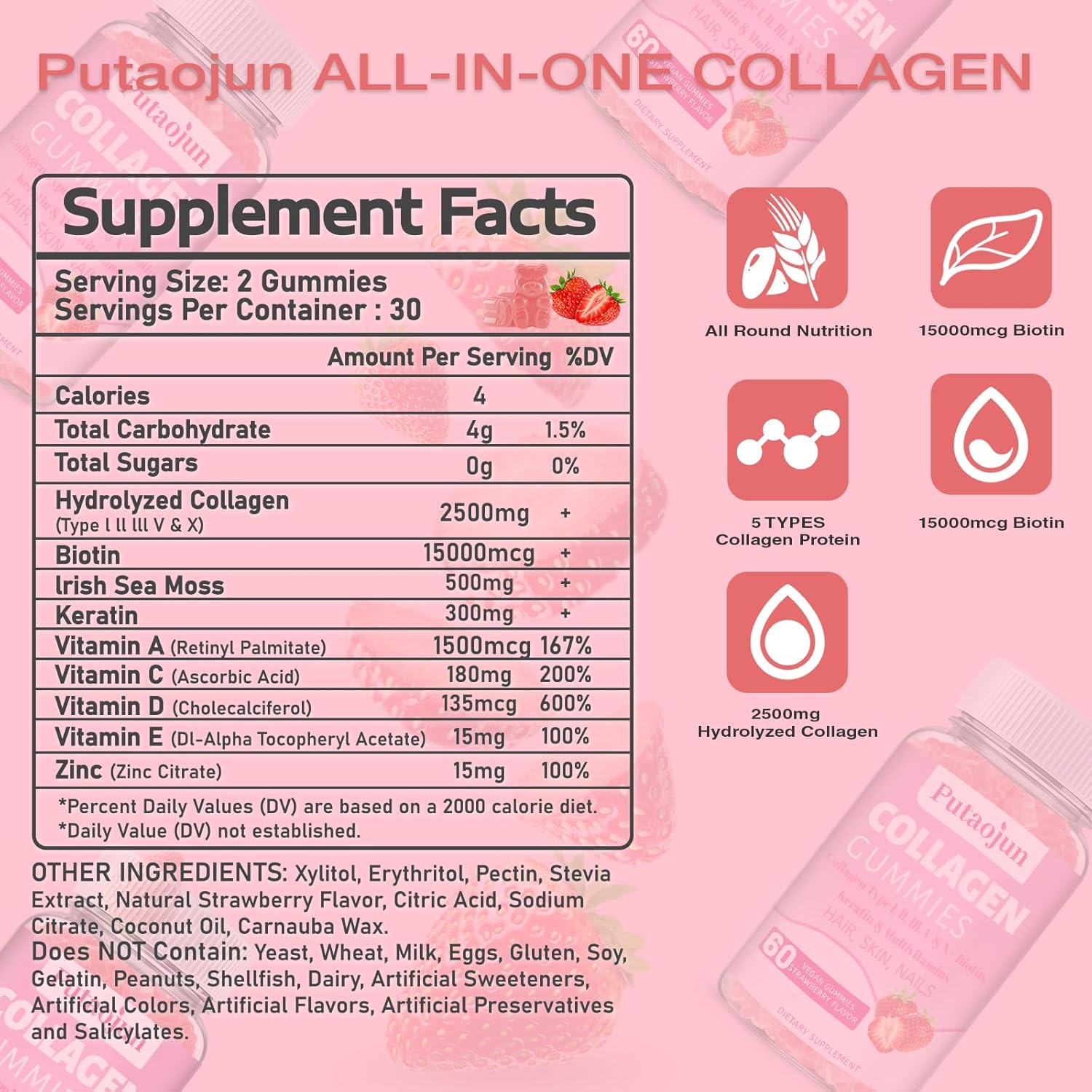 Strawberry Flavored Collagen Gummies for Hair, Skin & Nails - Women's Biotin & Collagen Supplement with Vitamin C, E, Zinc - 60 Gummies