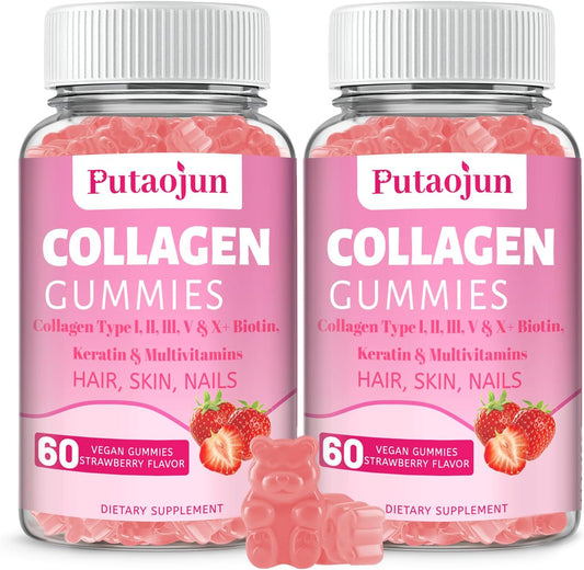 Strawberry Flavored Collagen Gummies for Women with Biotin, Vitamin C, E & Zinc - 120 Gummies for Hair, Skin & Nails
