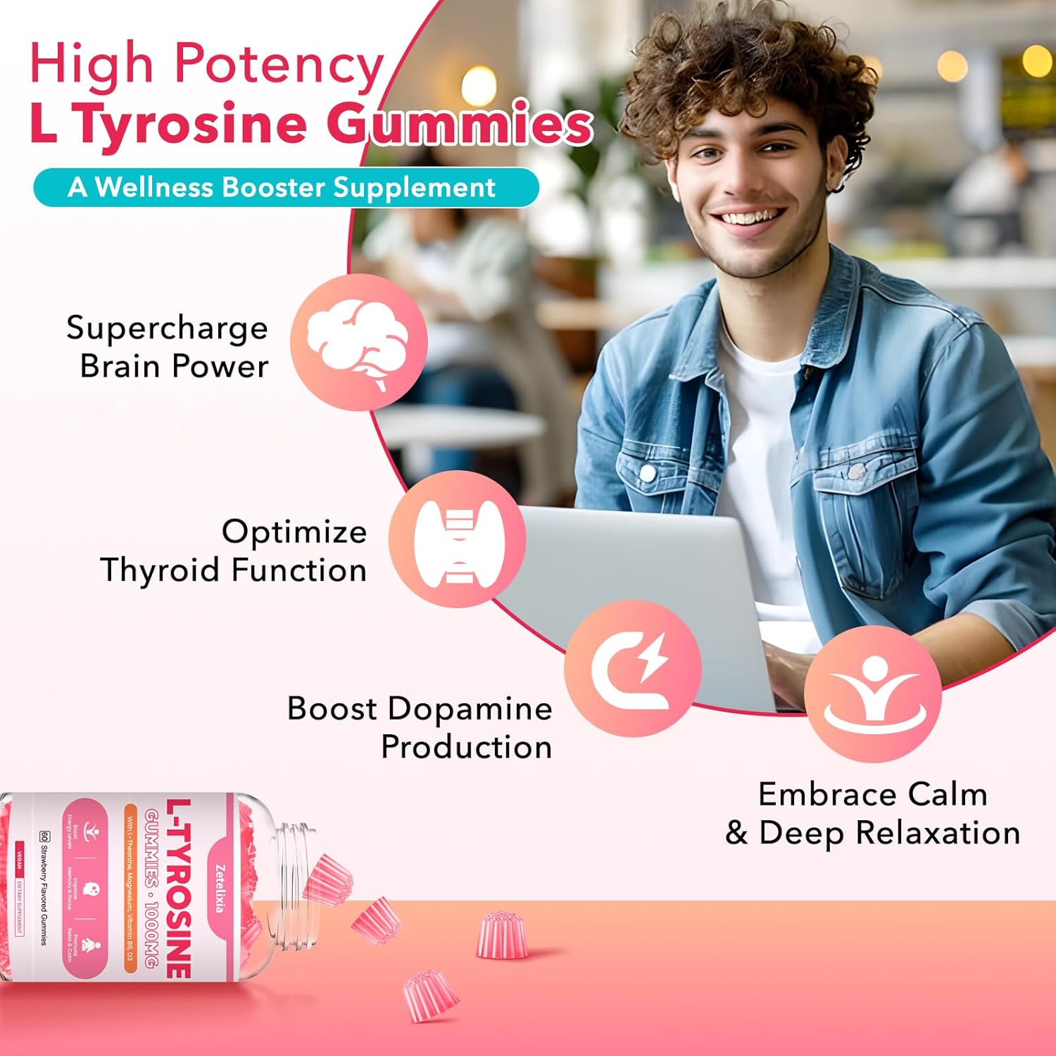 Strawberry Flavored Focus Gummies with L-Tyrosine, L-Theanine, Vitamin B6 & D3 - Brain, Memory, Energy, Mood Support for Adults & Kids - 60 Count