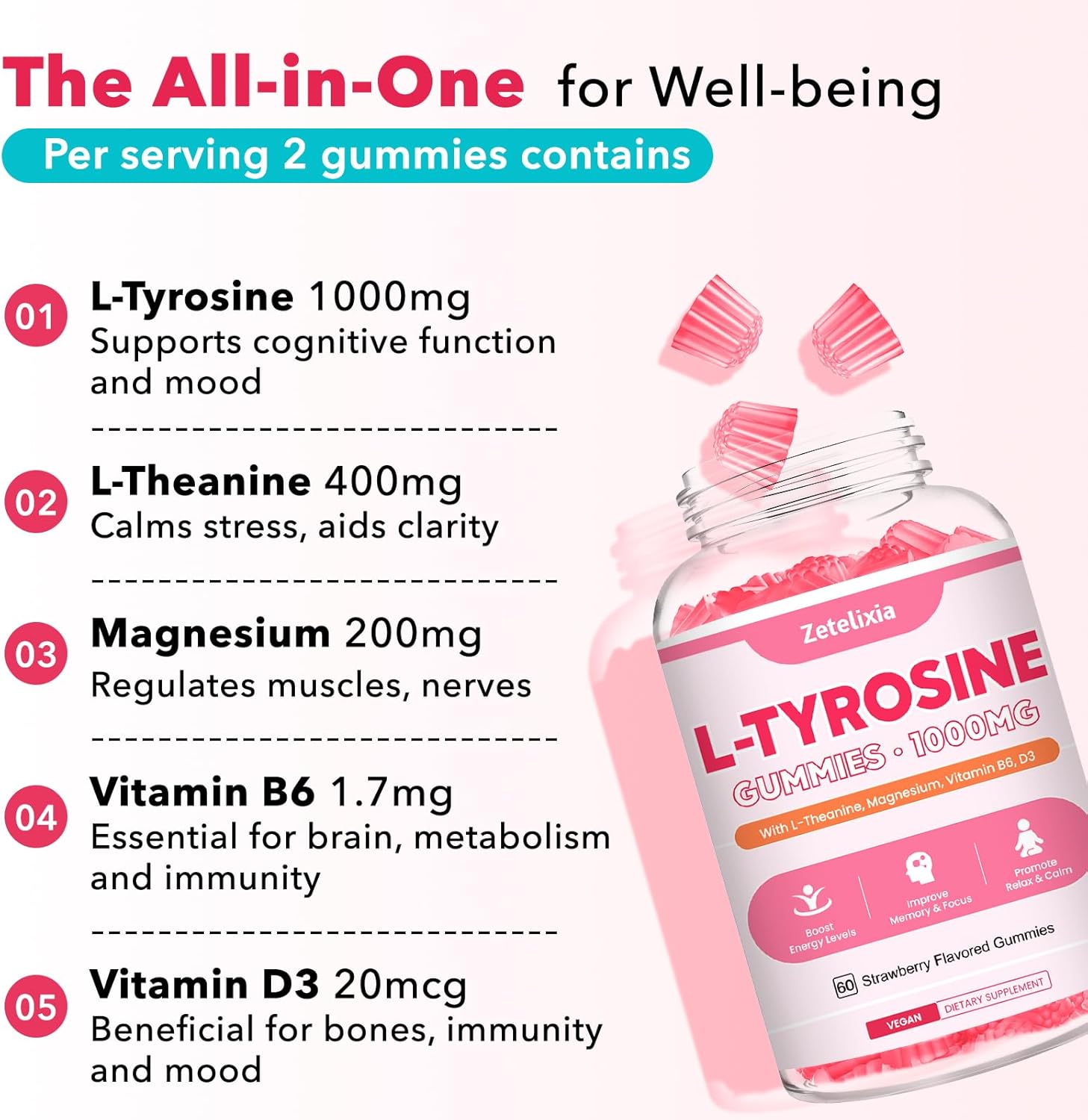 Strawberry Flavored Focus Gummies with L-Tyrosine, L-Theanine, Vitamin B6 & D3 - Brain, Memory, Energy, Mood Support for Adults & Kids - 60 Count