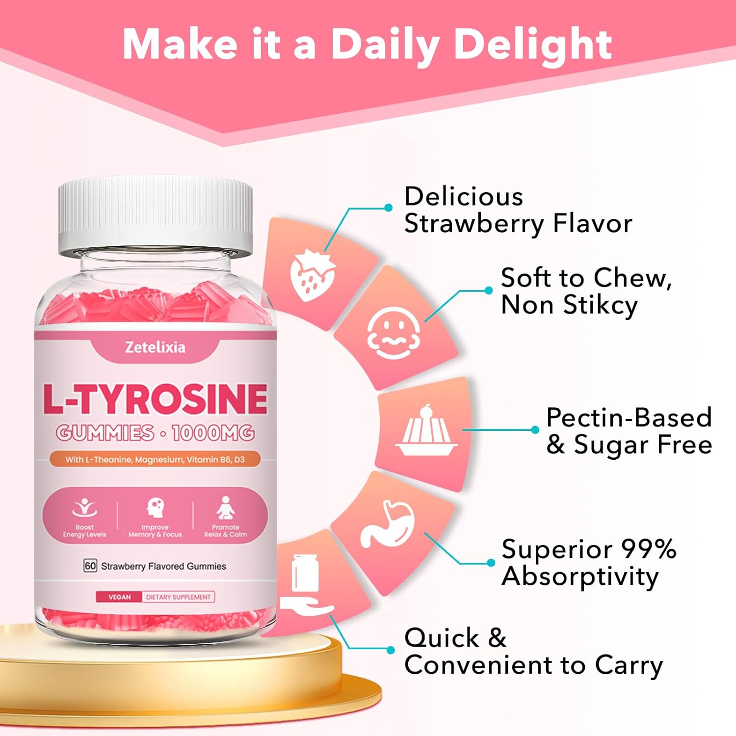 Strawberry Flavored Focus Gummies with L-Tyrosine, L-Theanine, Vitamin B6 & D3 - Brain, Memory, Energy, Mood Support for Adults & Kids - 60 Count