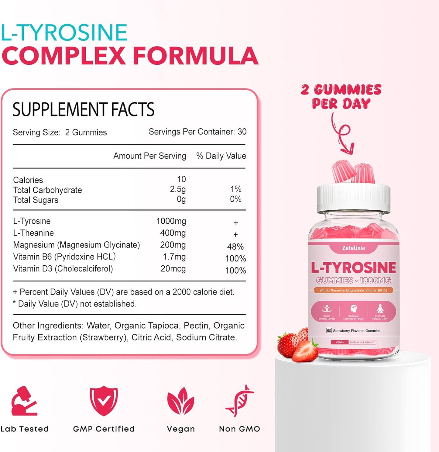 Strawberry Flavored Focus Gummies with L-Tyrosine, L-Theanine, Vitamin B6 & D3 - Brain, Memory, Energy, Mood Support for Adults & Kids - 60 Count