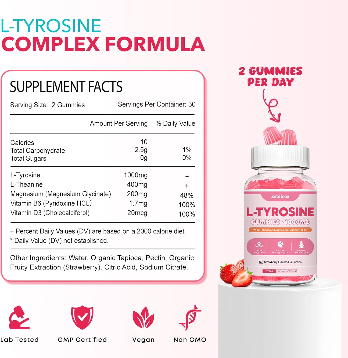 Strawberry Flavored Focus Gummies with L-Tyrosine, L-Theanine, Vitamin B6 & D3 - Brain, Memory, Energy, Mood Support for Adults & Kids - 60 Count