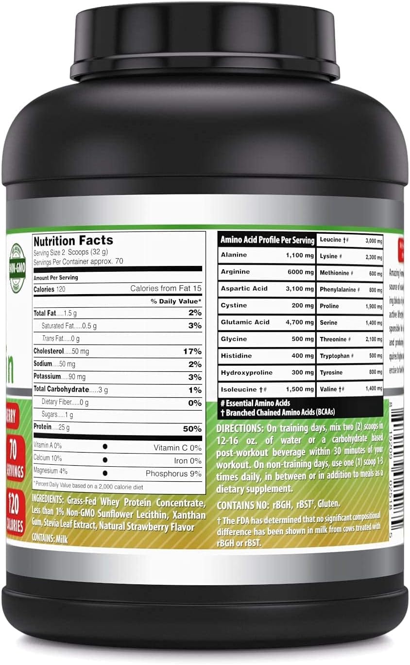 Strawberry Flavored Grass Fed Whey Protein Supplement | 25g Protein | 5lbs | Non-GMO & Gluten-Free | Made in USA by Amazing Nutrition