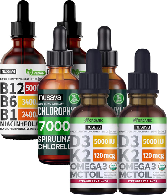Strawberry Flavored Liquid Vitamin Bundle for Heart, Energy, Brain & Immune Support - D3 K2, Chlorophyll, & B12 Drops - Non-GMO, Gluten-Free - 2 Pack