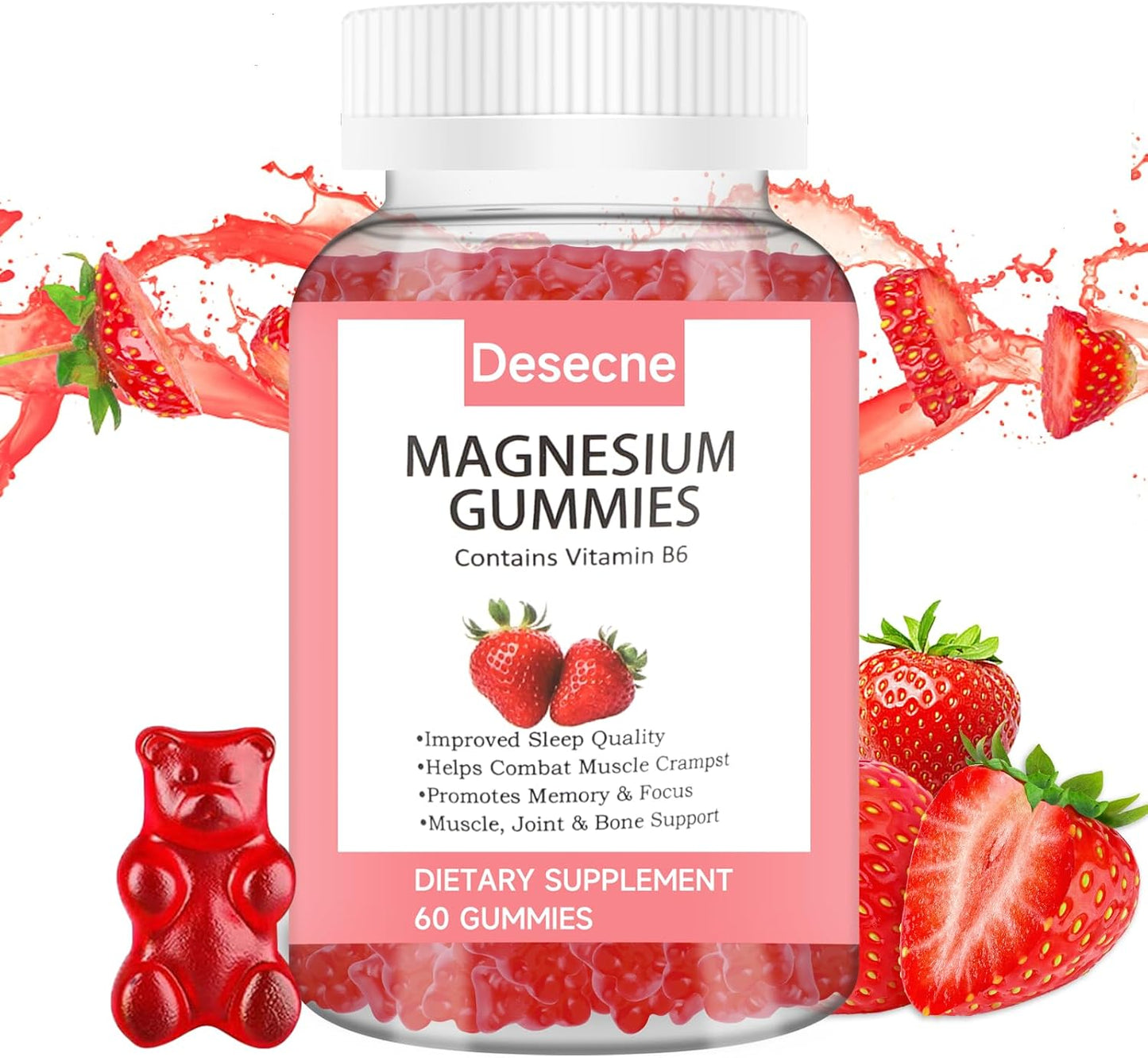 Strawberry Flavored Magnesium Gummies with Vitamin B6 for Sleep - 60 Gummies