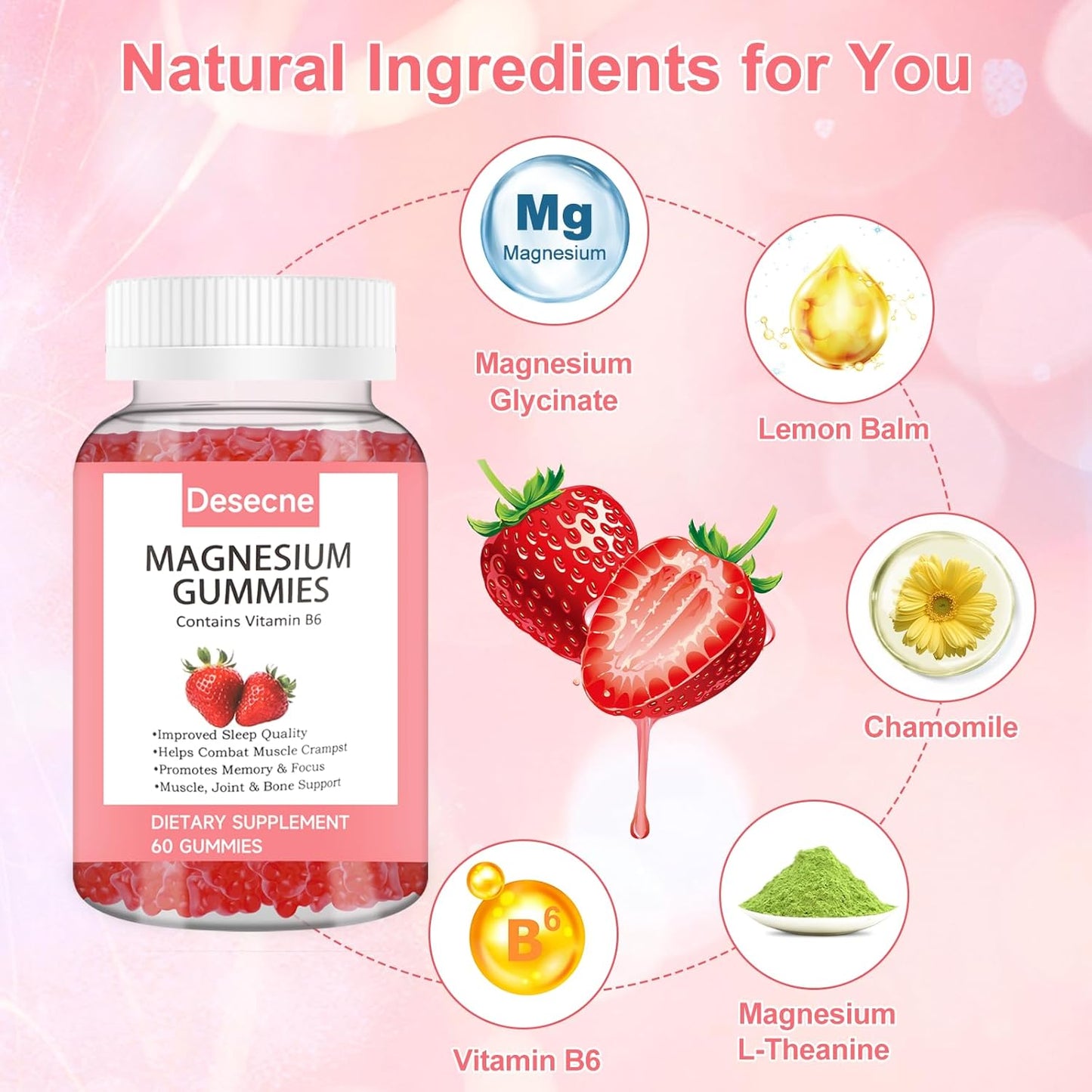 Strawberry Flavored Magnesium Gummies with Vitamin B6 for Sleep - 60 Gummies