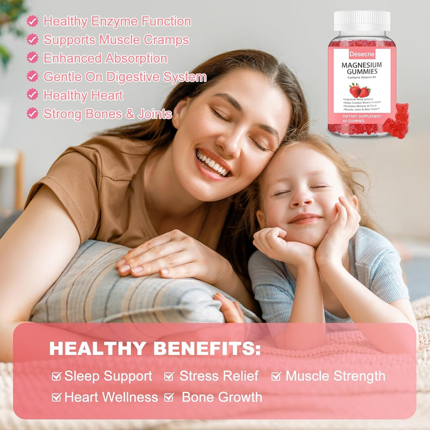 Strawberry Flavored Magnesium Gummies with Vitamin B6 for Sleep - 60 Gummies