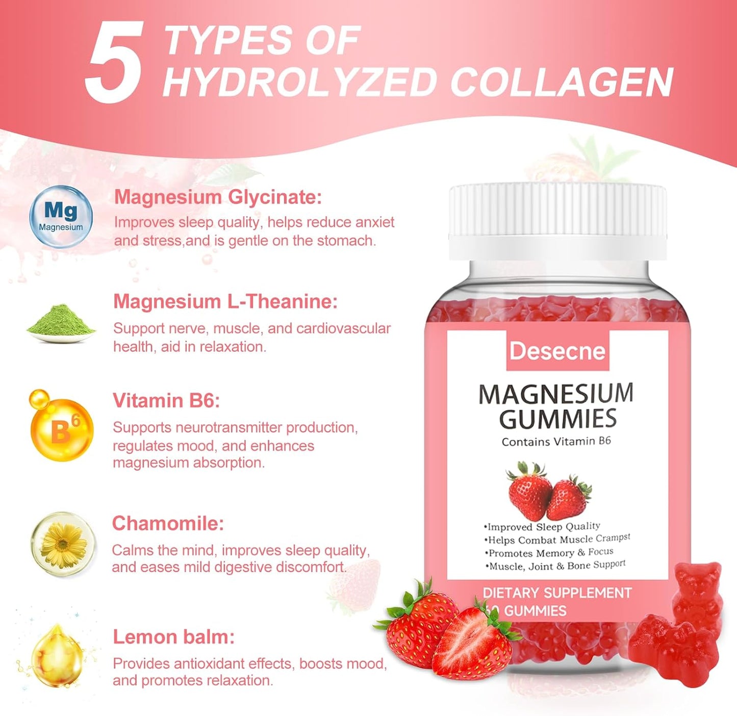 Strawberry Flavored Magnesium Gummies with Vitamin B6 for Sleep - 60 Gummies