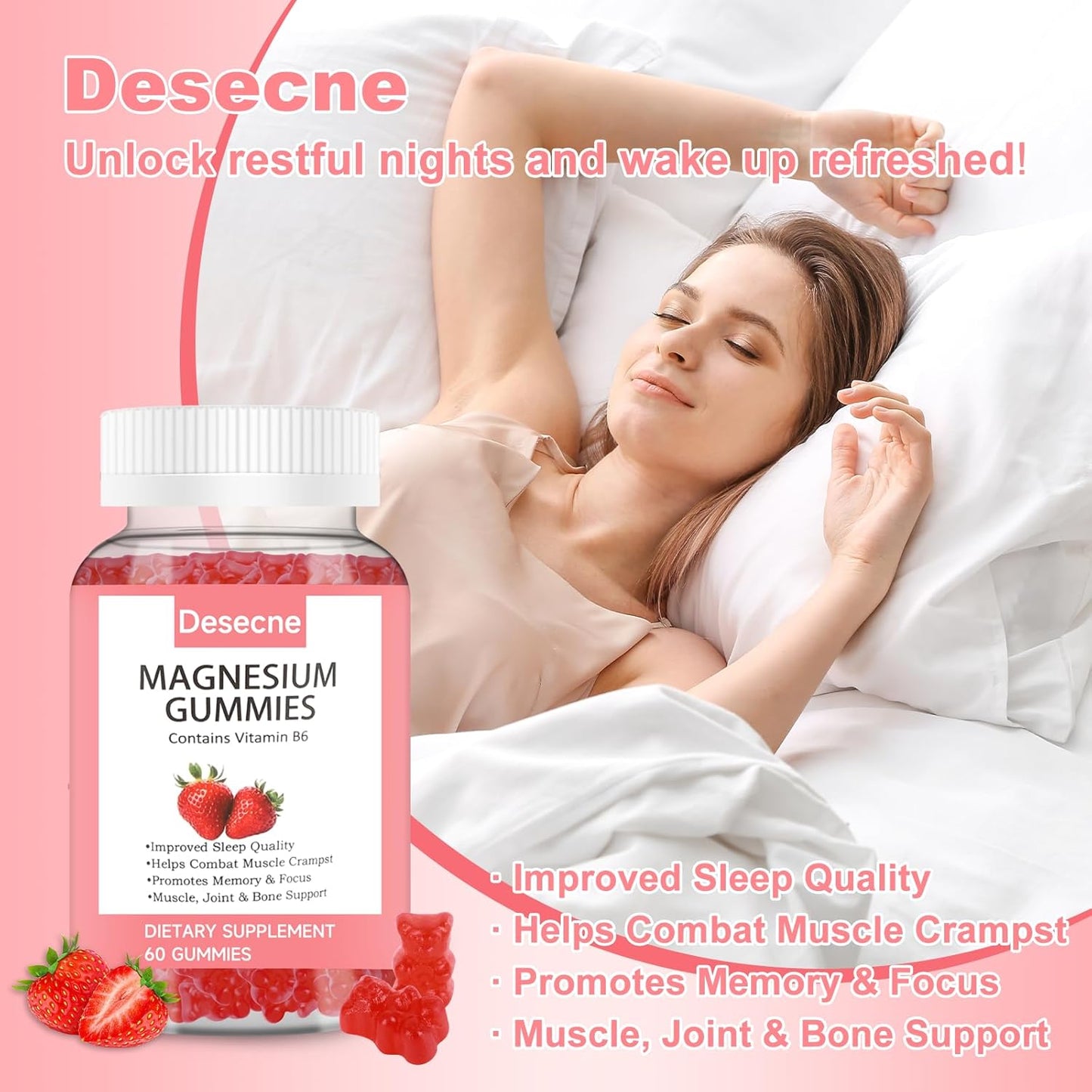 Strawberry Flavored Magnesium Gummies with Vitamin B6 for Sleep - 60 Gummies