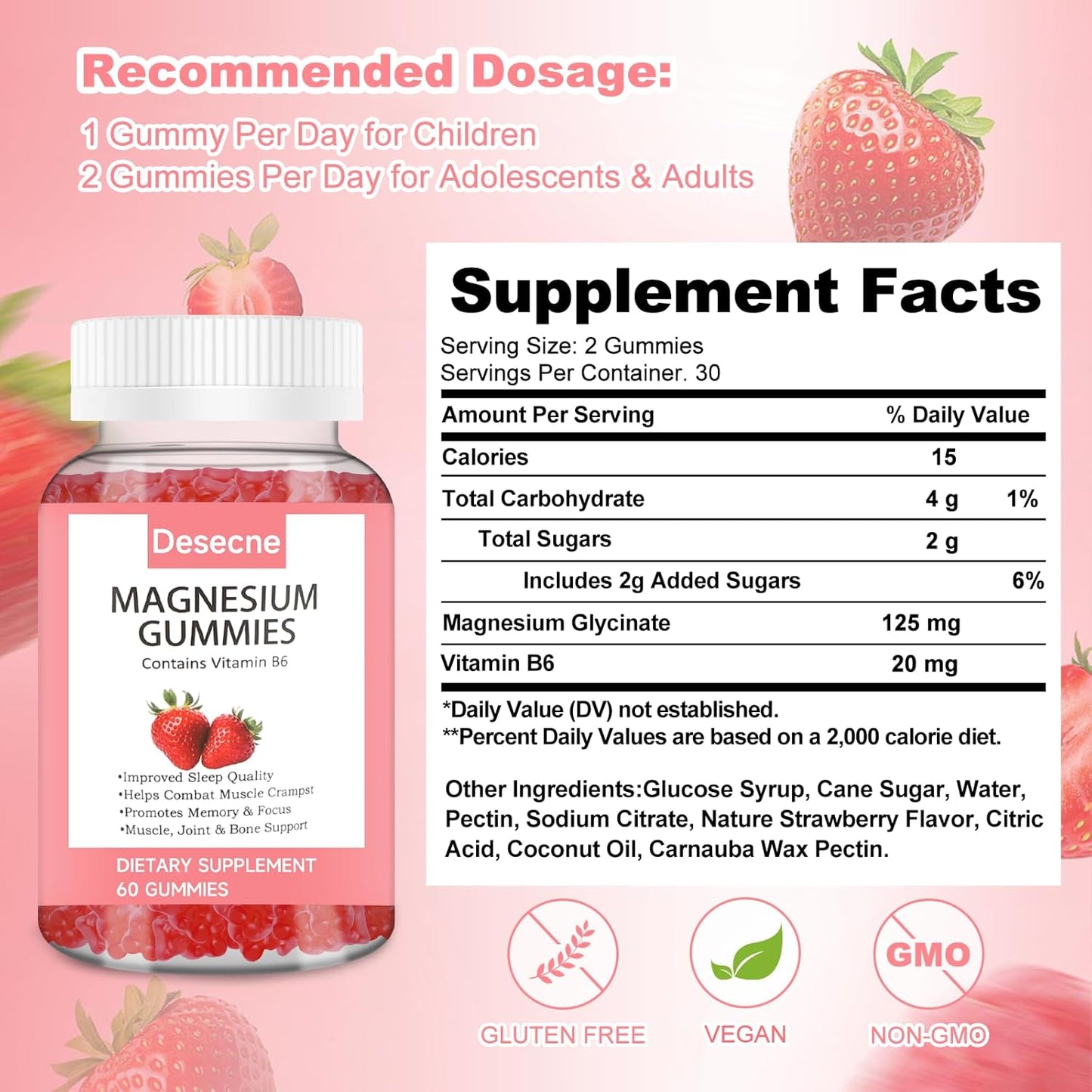 Strawberry Flavored Magnesium Gummies with Vitamin B6 for Sleep - 60 Gummies