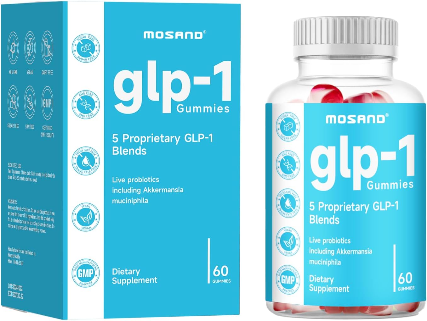 Strawberry Flavored MOSAND GLP-1 Probiotic Gummies with Akkermansia & Berberine - 60 Gummies for Gut & Digestive Health, Sugar-Free
