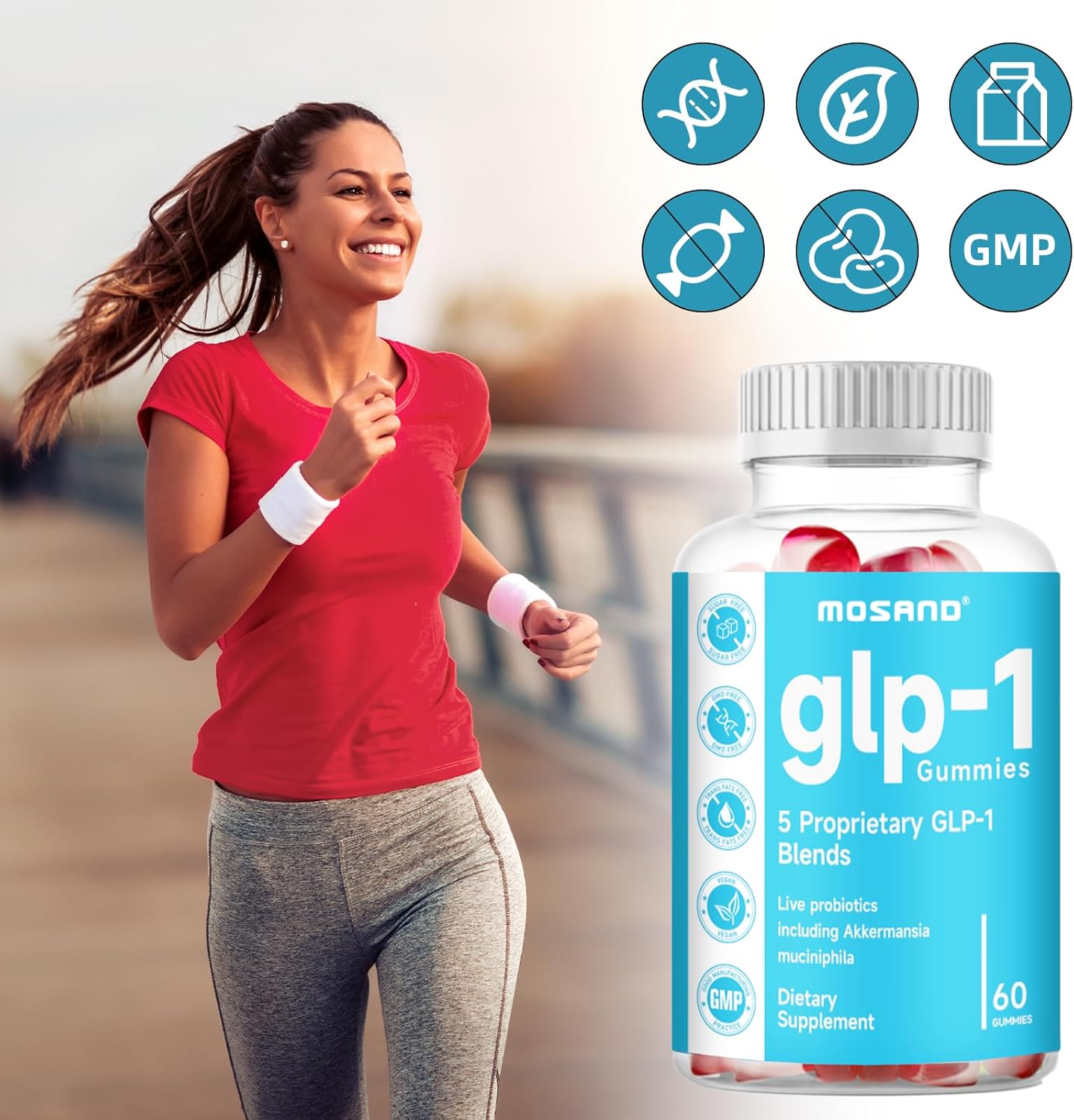 Strawberry Flavored MOSAND GLP-1 Probiotic Gummies with Akkermansia & Berberine - 60 Gummies for Gut & Digestive Health, Sugar-Free