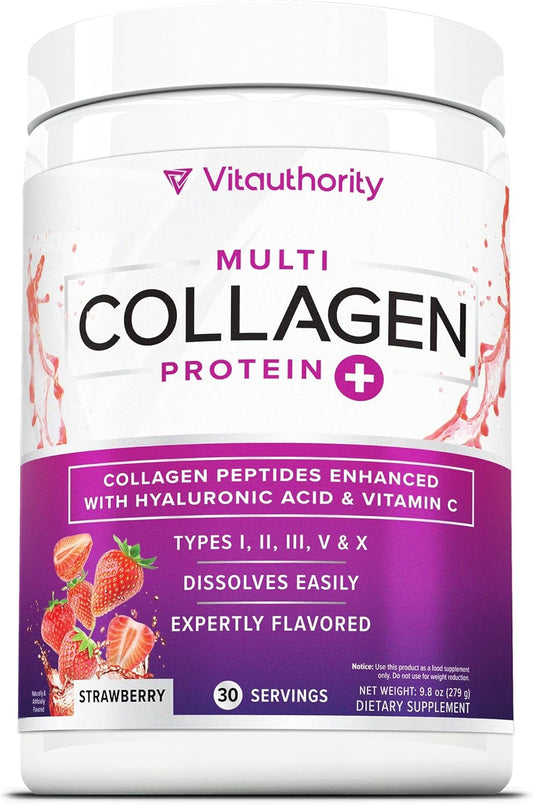 Strawberry Flavored Multi Collagen Peptides Powder with Hyaluronic Acid and Vitamin C for Hair, Skin, and Nails - 30 Servings