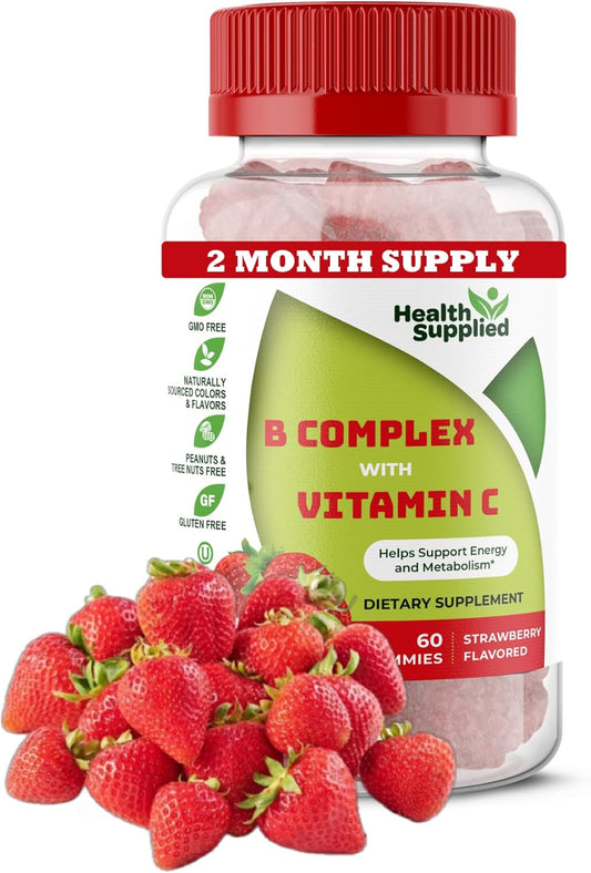 Strawberry Flavored Vitamin B Complex Gummies with Vitamin C - Supports Nervous System & Energy - Cognitive Function Support