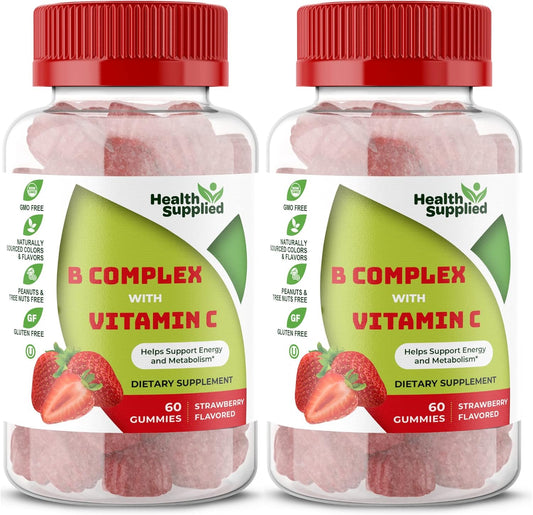 Strawberry Flavored Vitamin B Complex Gummies with Vitamin C - Supports Nervous System, Boosts Energy, Enhances Cognitive Function - Easy to Swallow, Great Taste