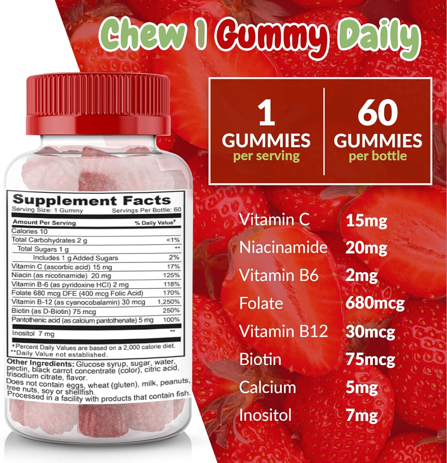 Strawberry Flavored Vitamin B Complex Gummies with Vitamin C - Supports Nervous System, Boosts Energy, Enhances Cognitive Function - Easy to Swallow, Great Taste