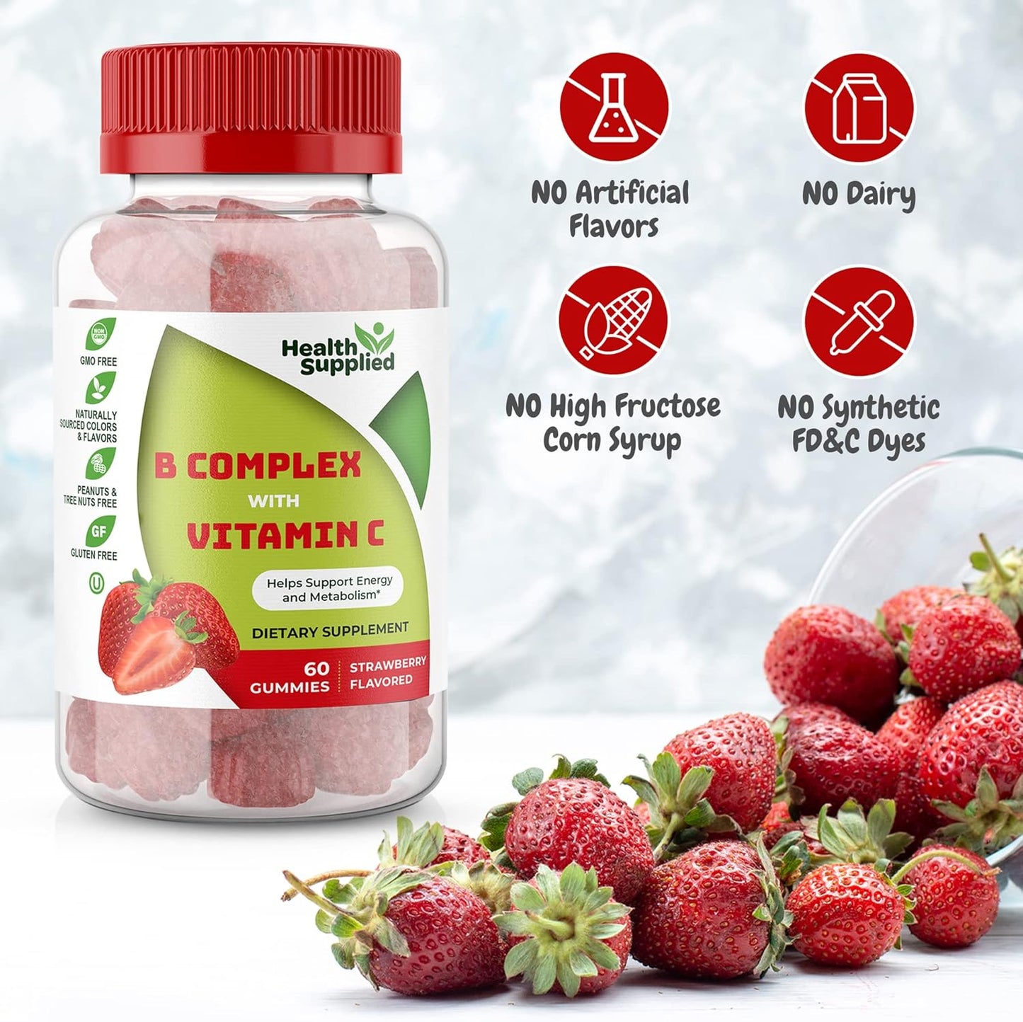 Strawberry Flavored Vitamin B Complex Gummies with Vitamin C - Supports Nervous System, Boosts Energy, Enhances Cognitive Function - Easy to Swallow, Great Taste