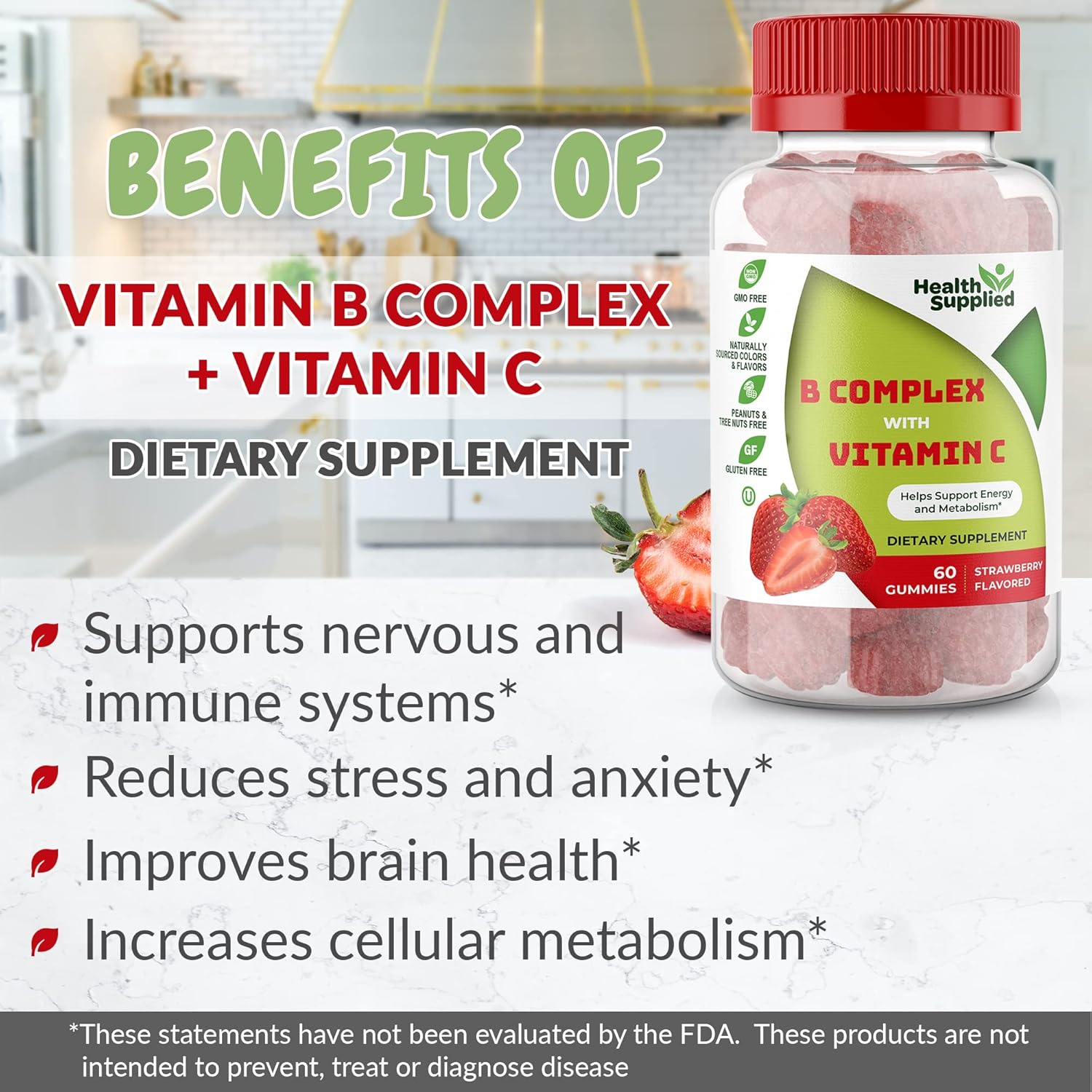 Strawberry Flavored Vitamin B Complex Gummies with Vitamin C - Supports Nervous System, Boosts Energy, Enhances Cognitive Function - Easy to Swallow, Great Taste