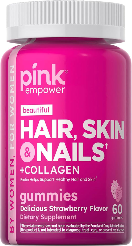 Strawberry Hair Skin Nails Gummies with Collagen & Biotin - 60 Count for Women | Non-GMO & Gluten Free