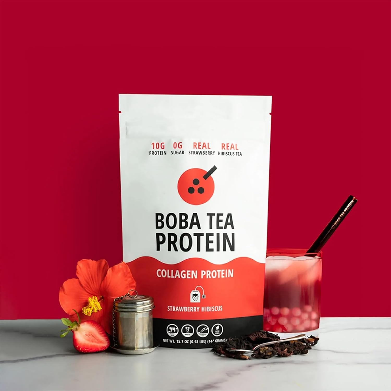 Strawberry Hibiscus Boba Tea Collagen Powder | Grass-Fed Hydrolyzed Bovine | 30 Servings | Hair, Skin, Nail, Bone, Joint Health | No Sugar