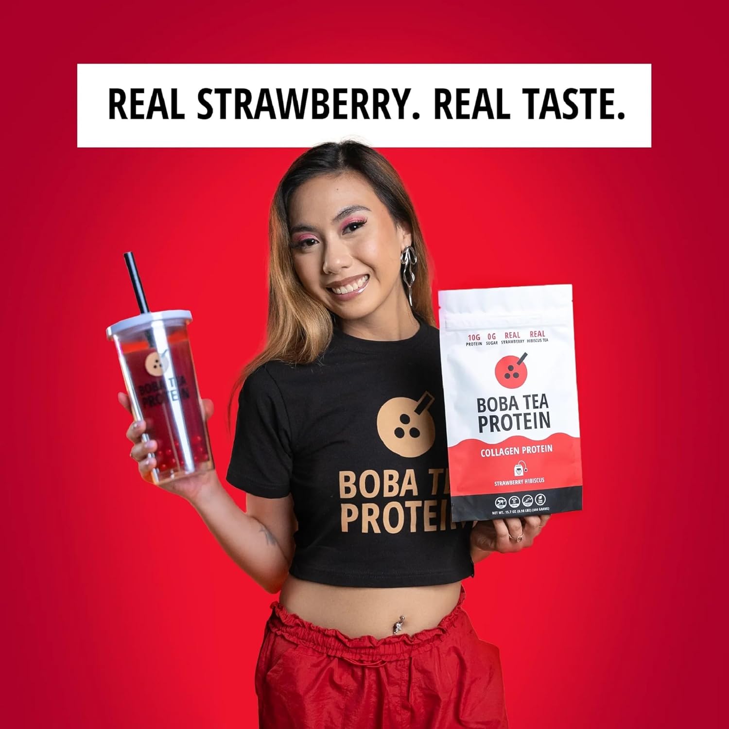 Strawberry Hibiscus Boba Tea Collagen Powder | Grass-Fed Hydrolyzed Bovine | 30 Servings | Hair, Skin, Nail, Bone, Joint Health | No Sugar