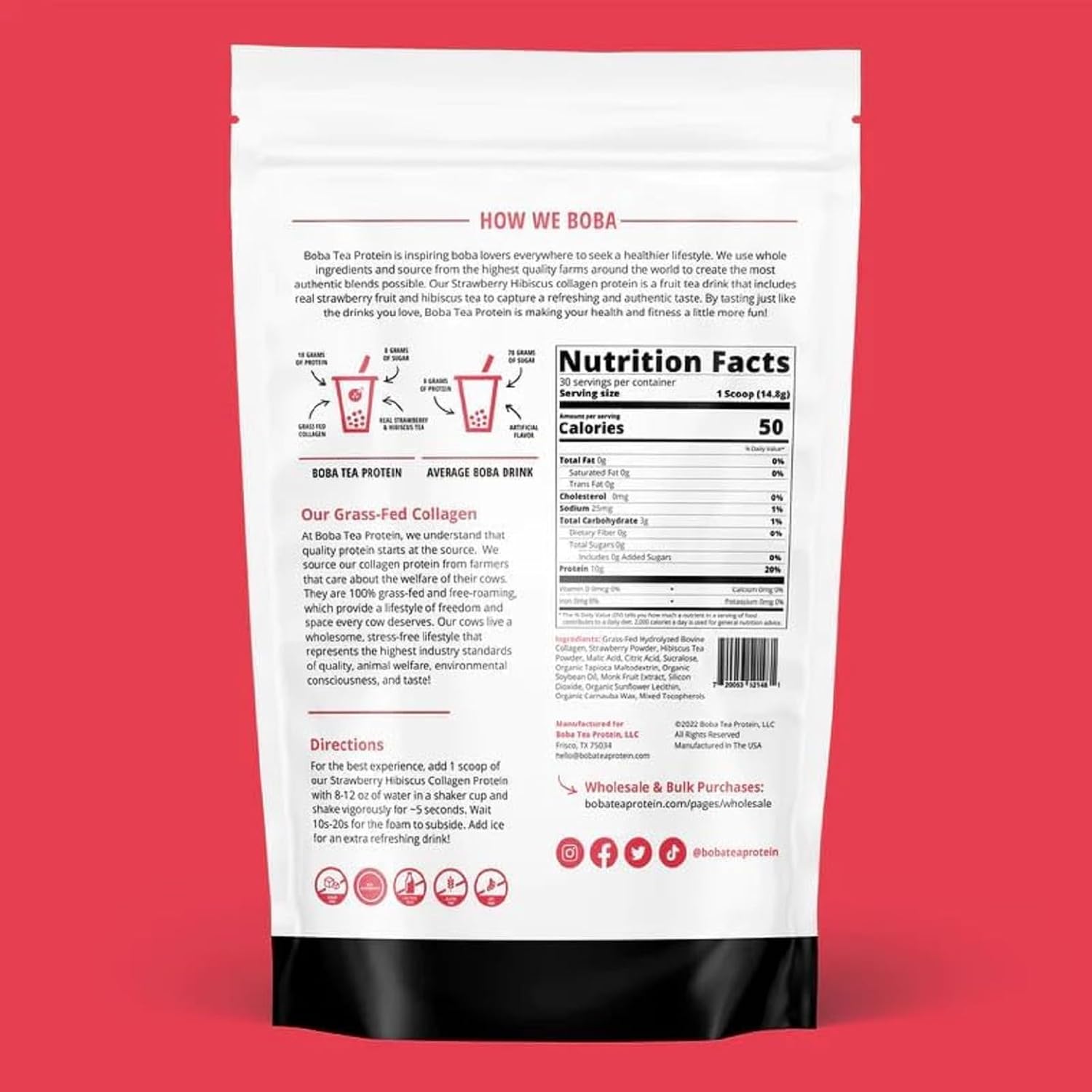 Strawberry Hibiscus Boba Tea Collagen Powder | Grass-Fed Hydrolyzed Bovine | 30 Servings | Hair, Skin, Nail, Bone, Joint Health | No Sugar