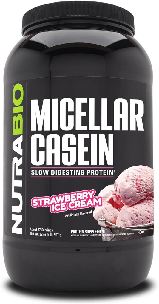 Strawberry Ice Cream Micellar Casein Protein Powder for Slow Muscle Growth - Non-GMO & Gluten-Free - 2 lbs