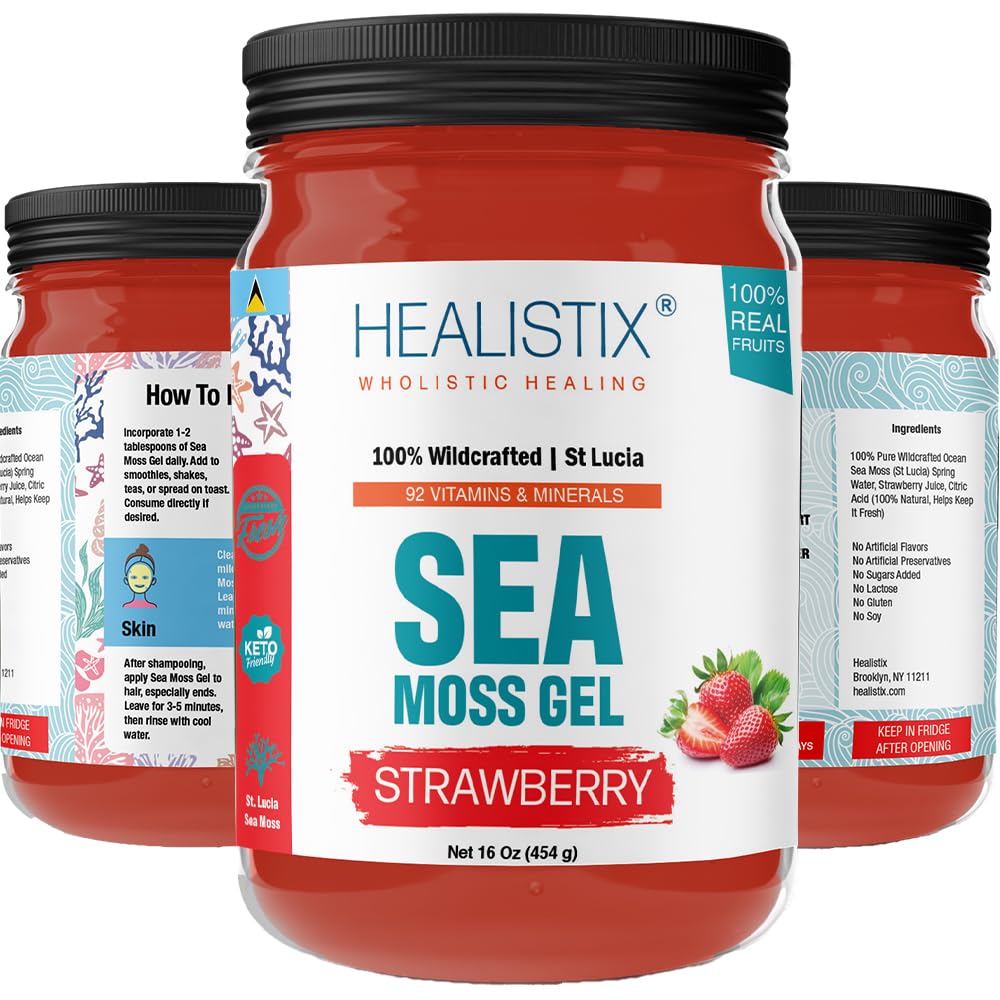 Strawberry Irish Sea Moss Gel by HX HEALISTIX - St Lucia Wildcrafted Seamoss Gel with 92 Vitamins - Immune Support Superfood, Non-GMO, Keto, Vegan