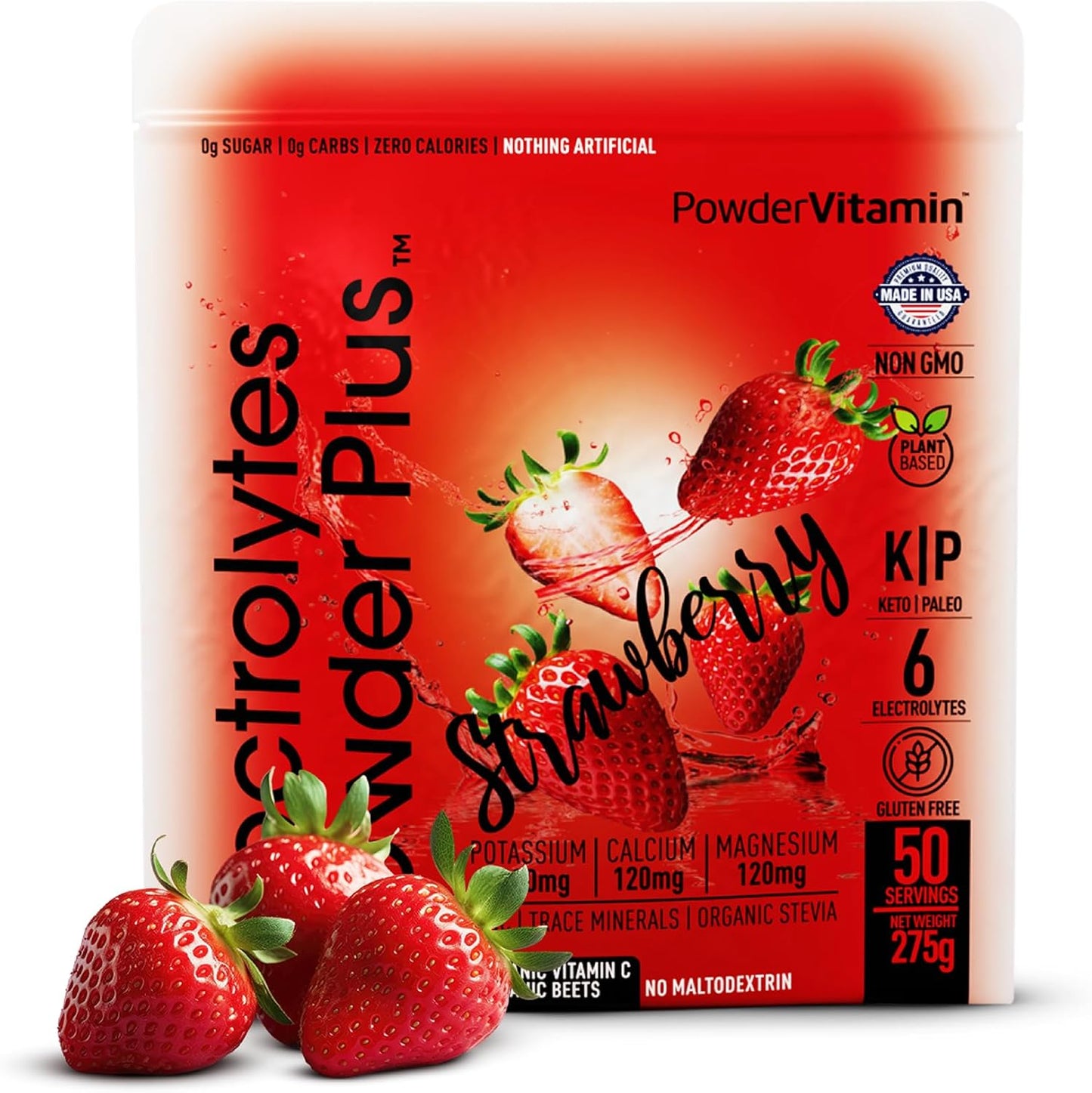 Strawberry Keto Electrolyte Powder with Organic Vitamin C - Zero Sugar, 1000mg Potassium, 120mg Calcium, 120mg Magnesium - 50 Servings