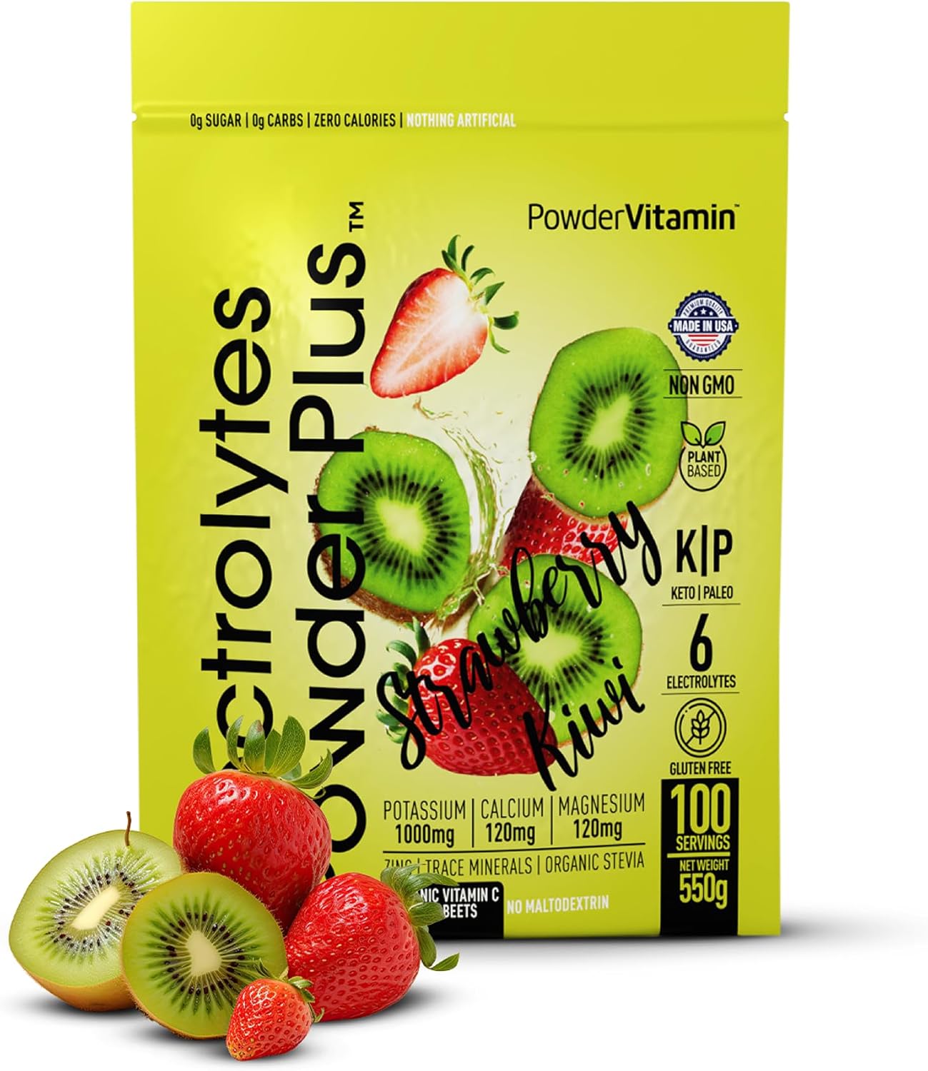 Strawberry Kiwi Electrolyte Powder - Zero Calorie Keto Hydration Powder with 1000mg Potassium, 120mg Calcium, 120mg Magnesium (100 Servings)