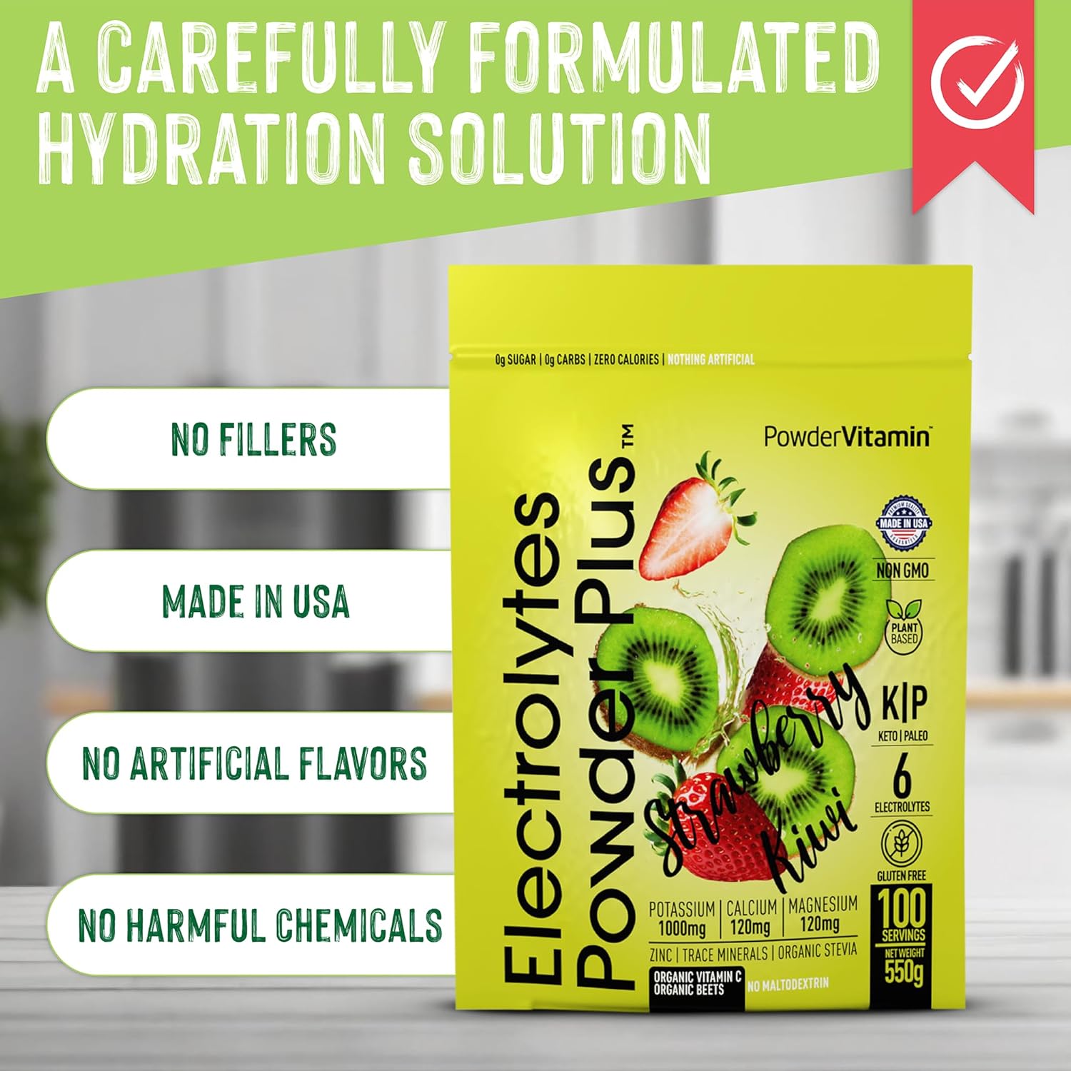Strawberry Kiwi Electrolyte Powder - Zero Calorie Keto Hydration Powder with 1000mg Potassium, 120mg Calcium, 120mg Magnesium (100 Servings)