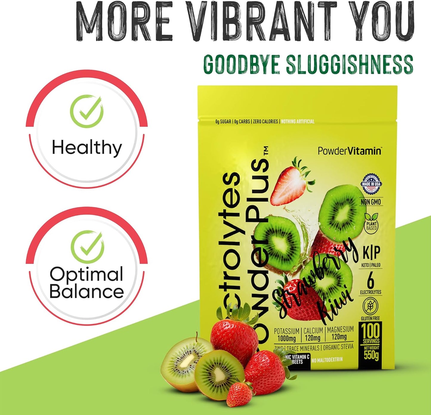 Strawberry Kiwi Electrolyte Powder - Zero Calorie Keto Hydration Powder with 1000mg Potassium, 120mg Calcium, 120mg Magnesium (100 Servings)