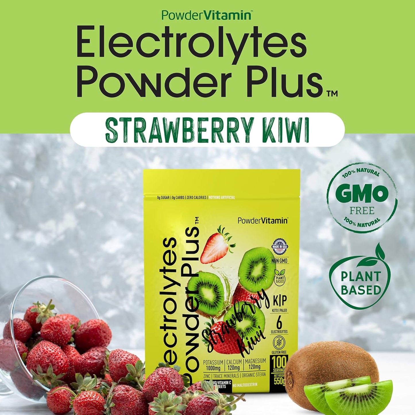 Strawberry Kiwi Electrolyte Powder - Zero Calorie Keto Hydration Powder with 1000mg Potassium, 120mg Calcium, 120mg Magnesium (100 Servings)