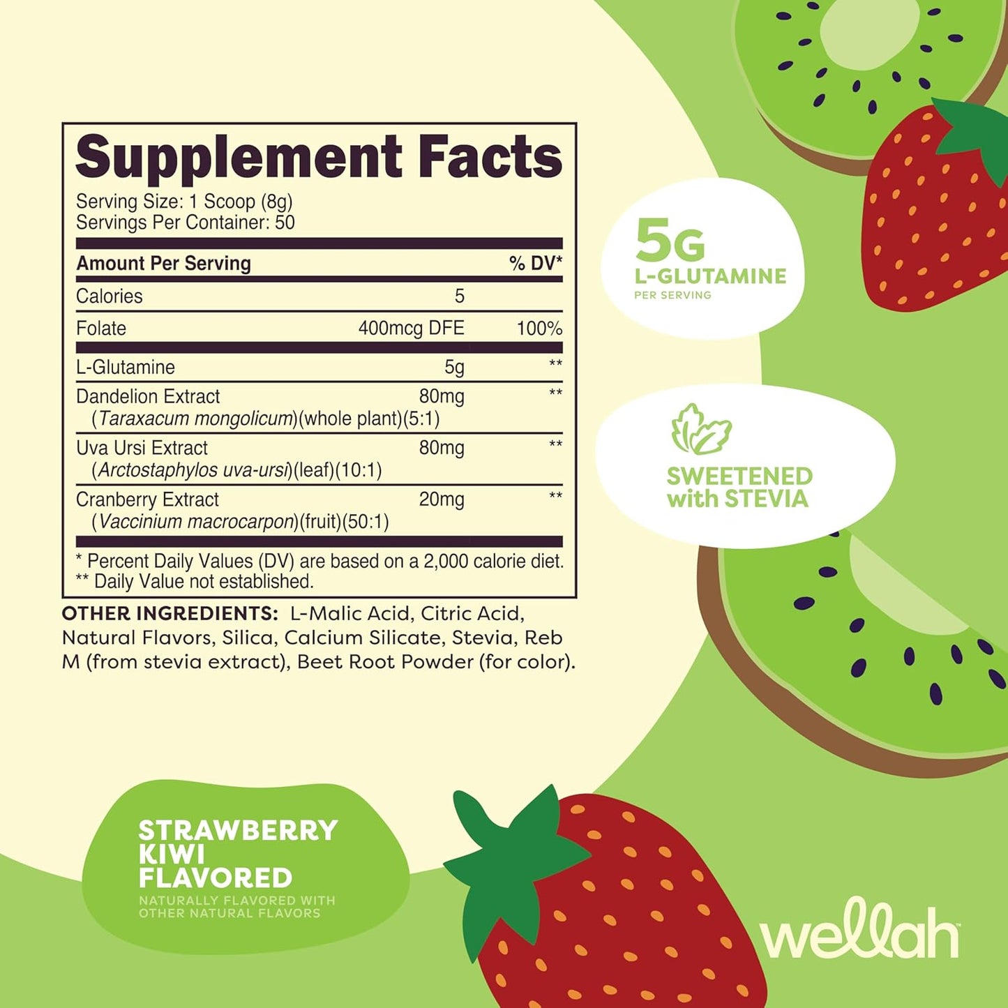 Strawberry Kiwi L-Glutamine Powder - 50 Servings, 5g Per Serving, Sweetened with Stevia
