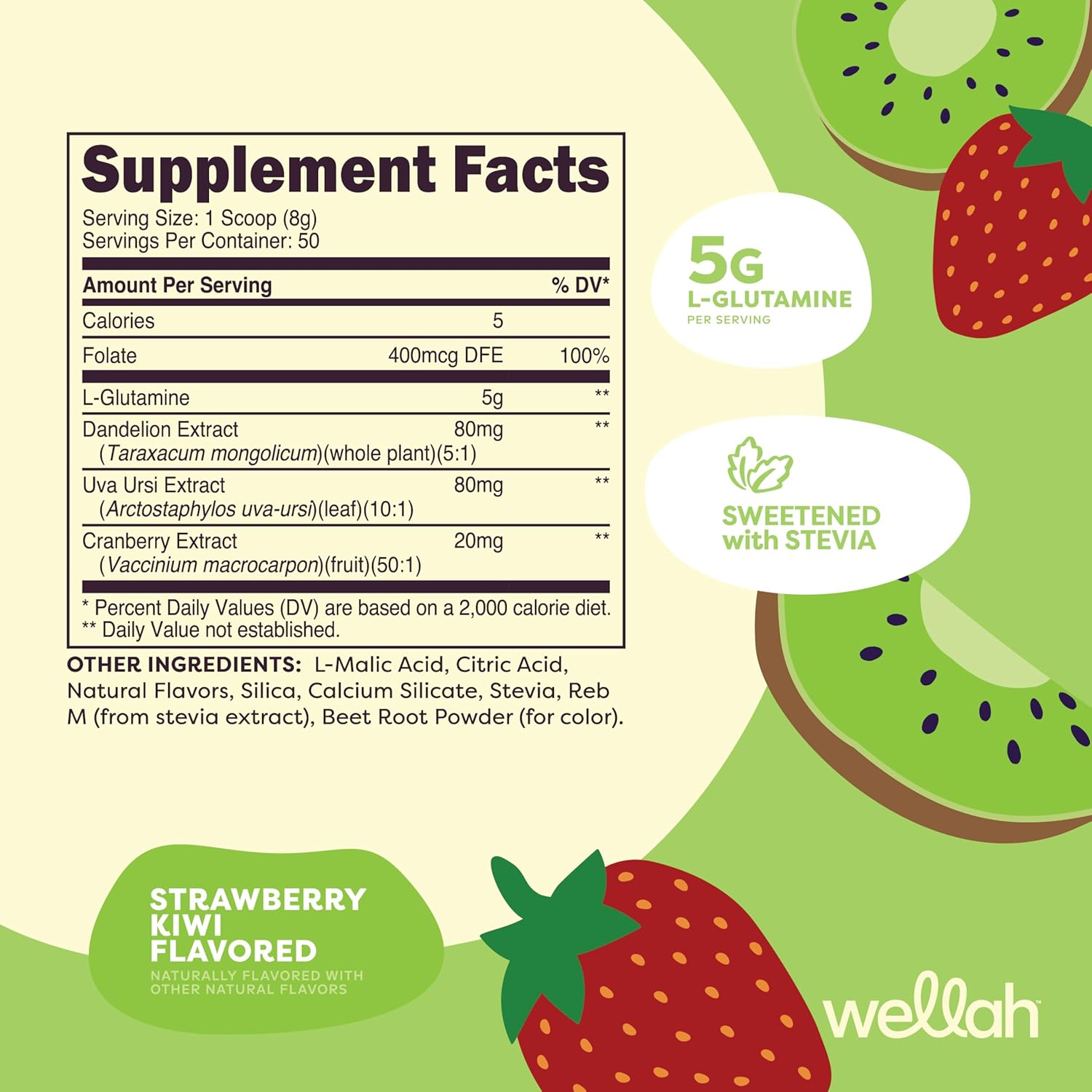 Strawberry Kiwi L-Glutamine Powder - 50 Servings, 5g Per Serving, Sweetened with Stevia