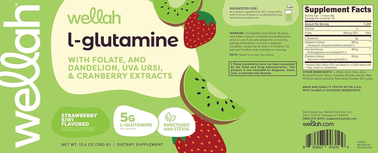 Strawberry Kiwi L-Glutamine Powder - 50 Servings, 5g Per Serving, Sweetened with Stevia