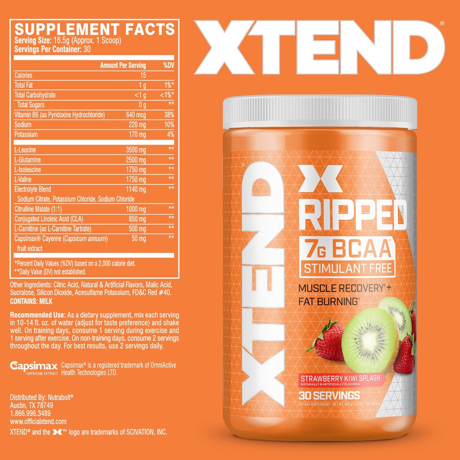 Strawberry Kiwi XTEND Ripped BCAA Powder - Sugar Free Post Workout Recovery Drink with 7g BCAAs - Cutting Formula for Men & Women - 30 Servings
