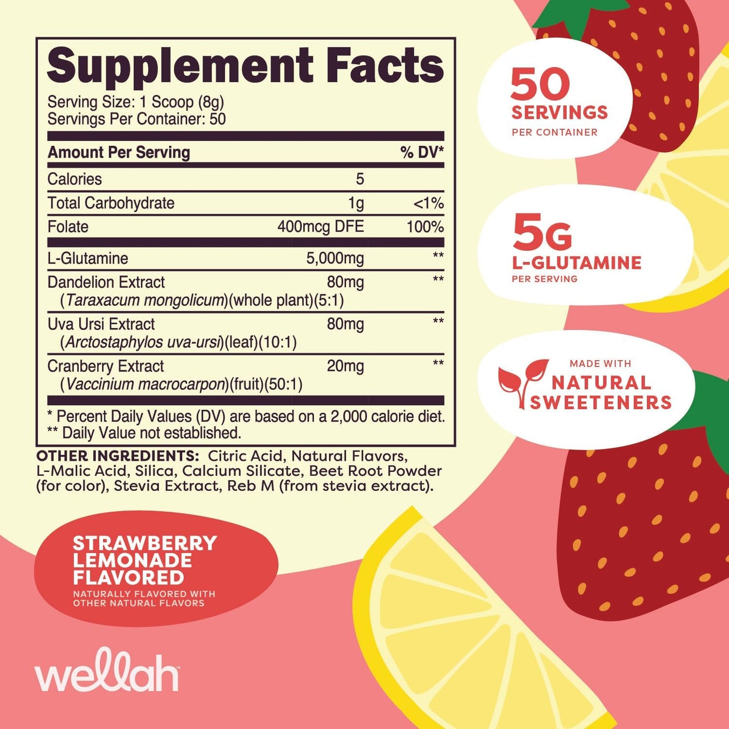 Strawberry Lemonade Flavored L-Glutamine Powder - 5g Per Serving, Sweetened with Stevia (50 Servings)
