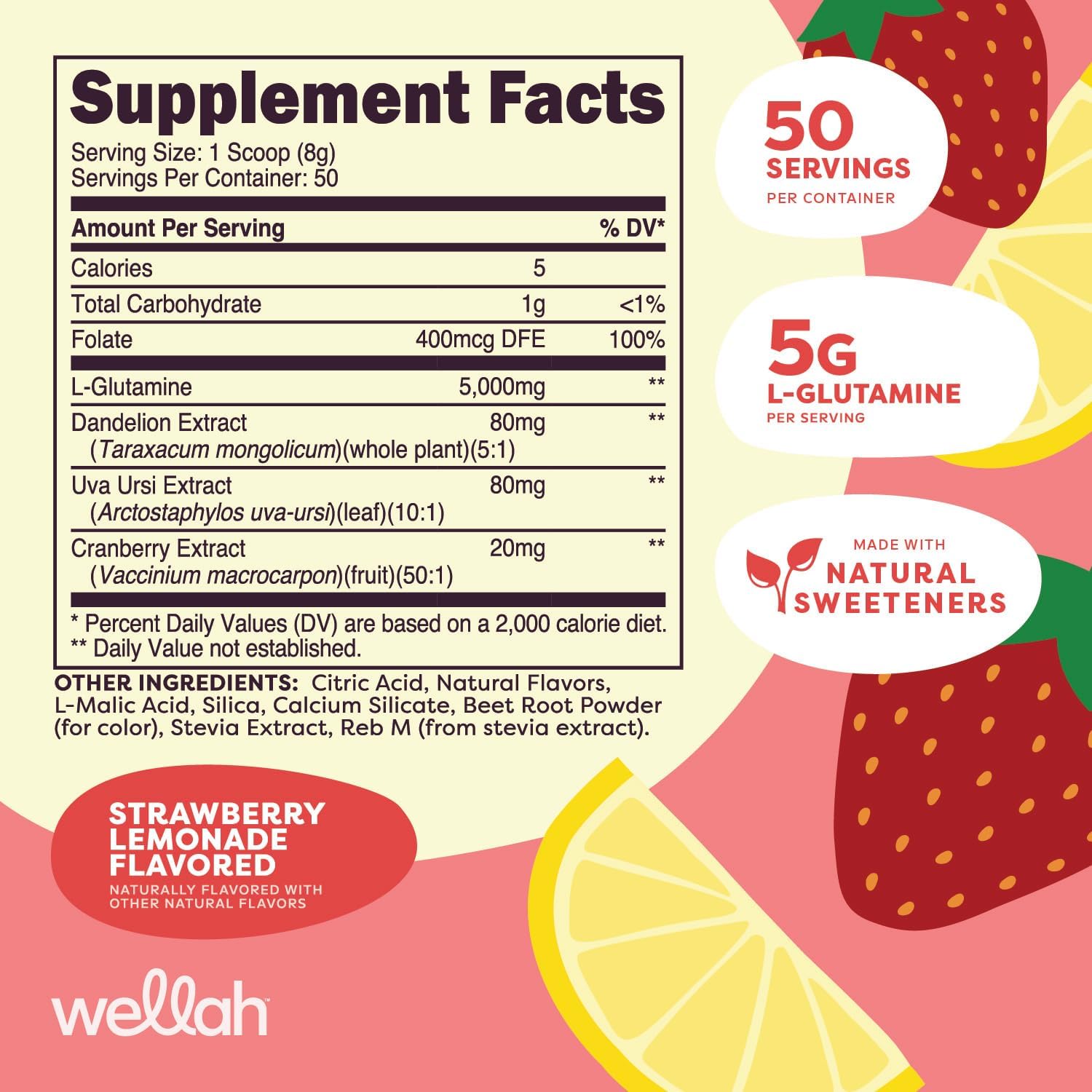 Strawberry Lemonade Flavored L-Glutamine Powder - 5g Per Serving, Sweetened with Stevia (50 Servings)