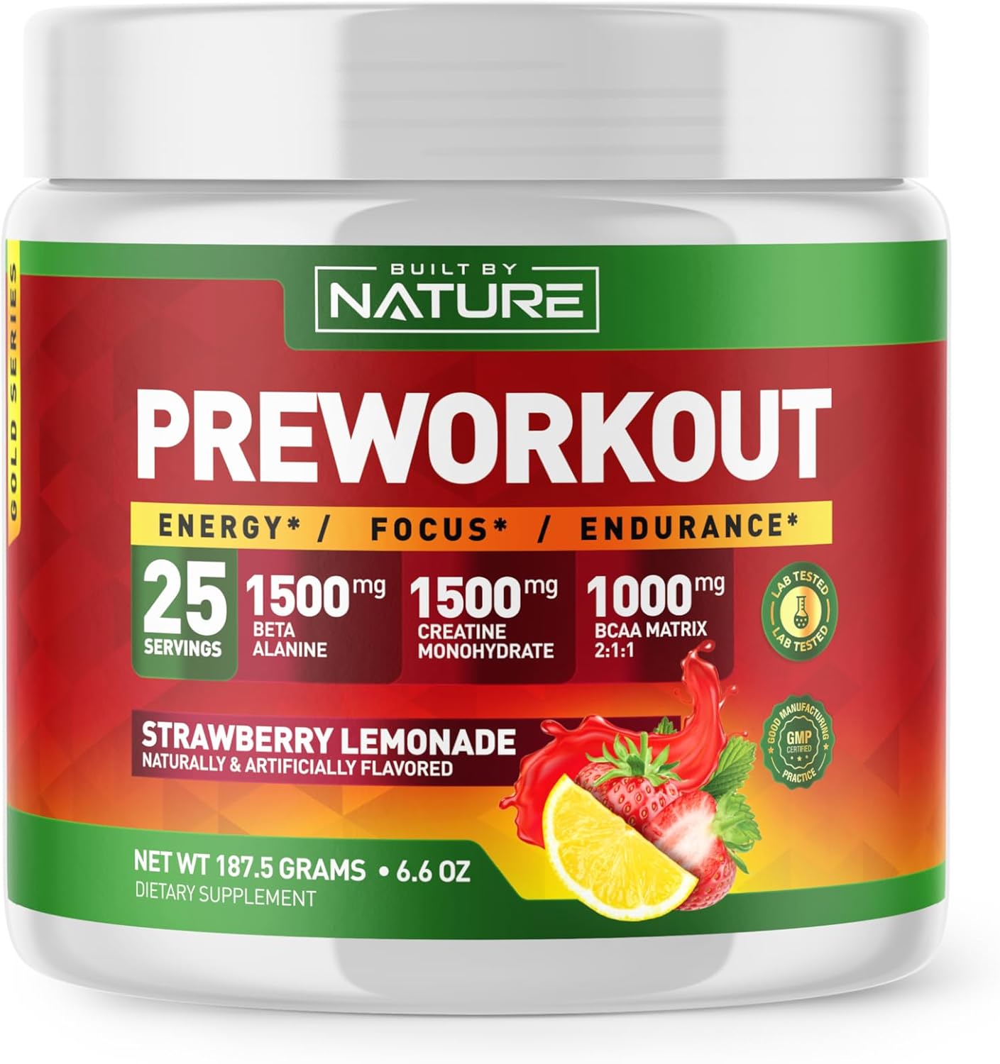 Strawberry Lemonade Pre Workout Powder with Natural Ingredients - 25 Servings