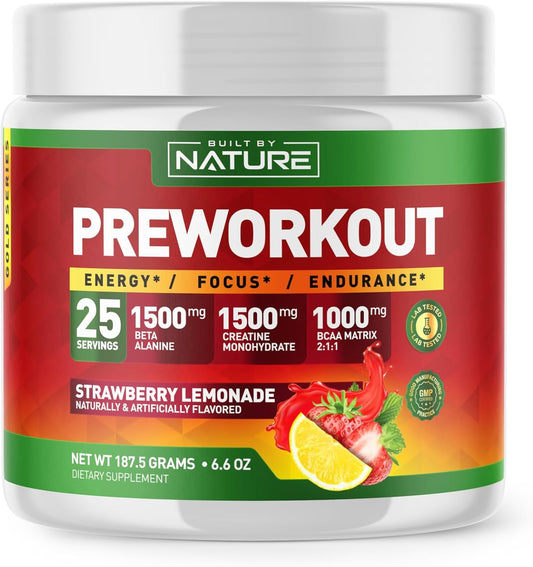 Strawberry Lemonade Pre Workout Powder with Natural Ingredients - 25 Servings