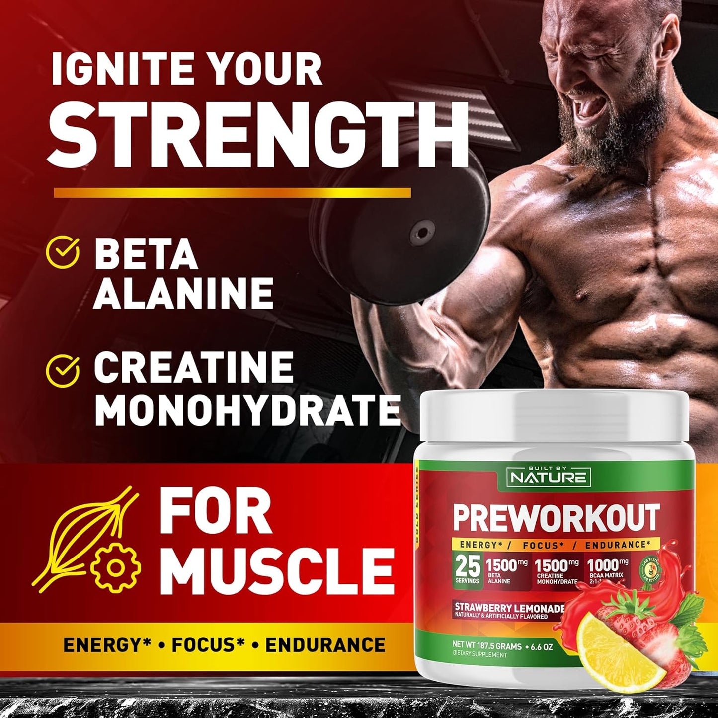 Strawberry Lemonade Pre Workout Powder with Natural Ingredients - 25 Servings
