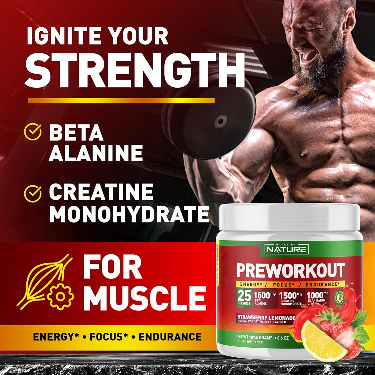 Strawberry Lemonade Pre Workout Powder with Natural Ingredients - 25 Servings