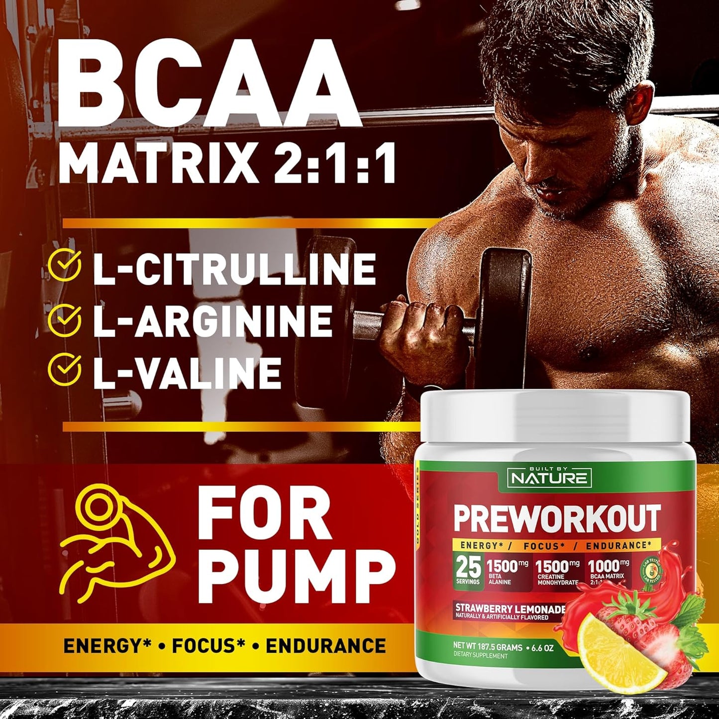 Strawberry Lemonade Pre Workout Powder with Natural Ingredients - 25 Servings