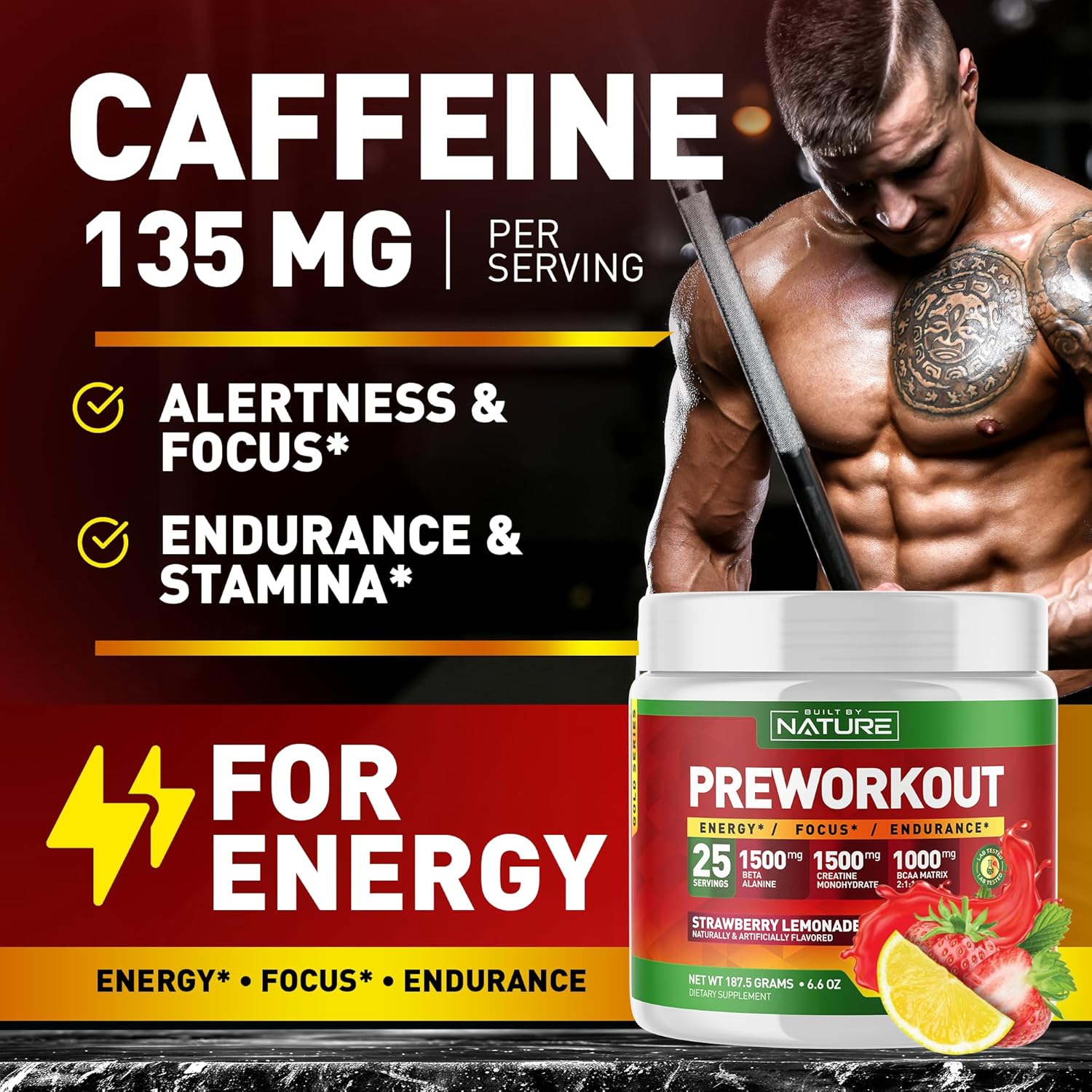 Strawberry Lemonade Pre Workout Powder with Natural Ingredients - 25 Servings