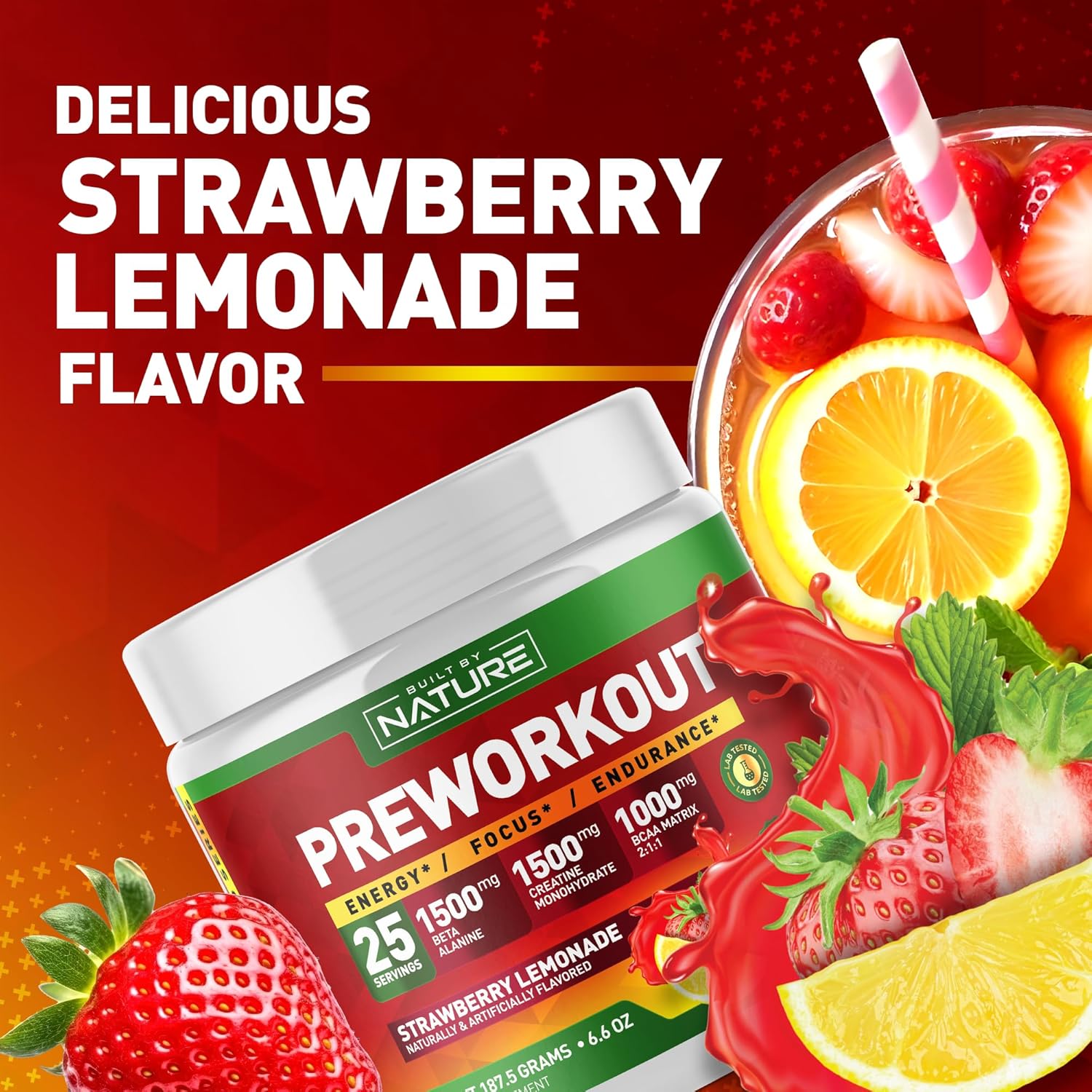 Strawberry Lemonade Pre Workout Powder with Natural Ingredients - 25 Servings